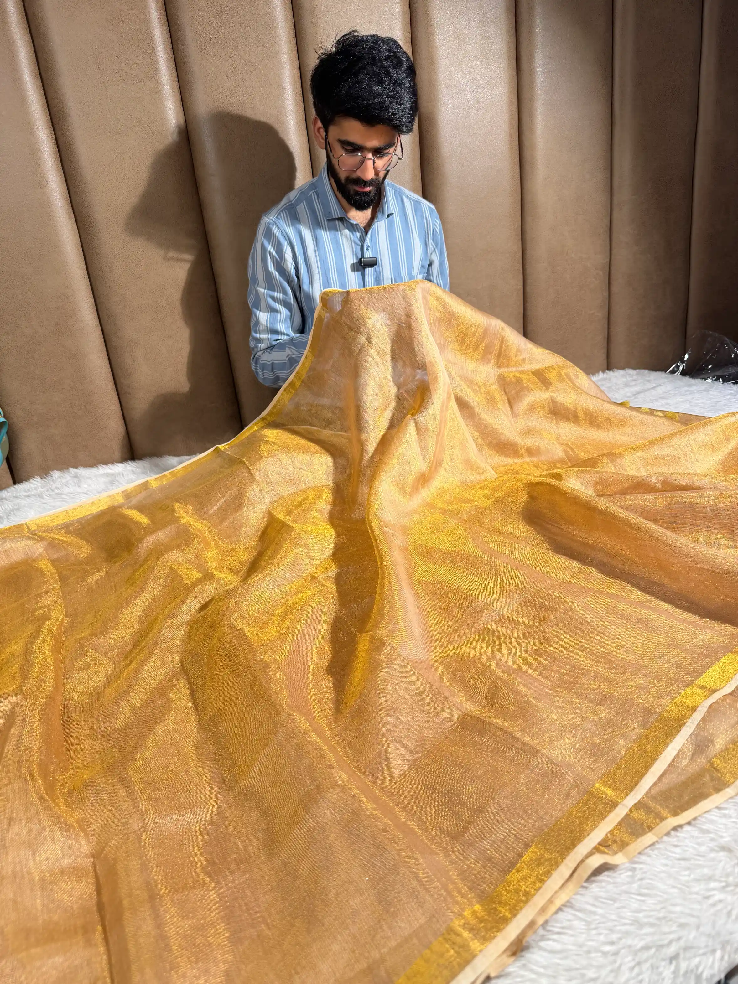 Light Gold Linen Tissue Silk Banarasi Saree