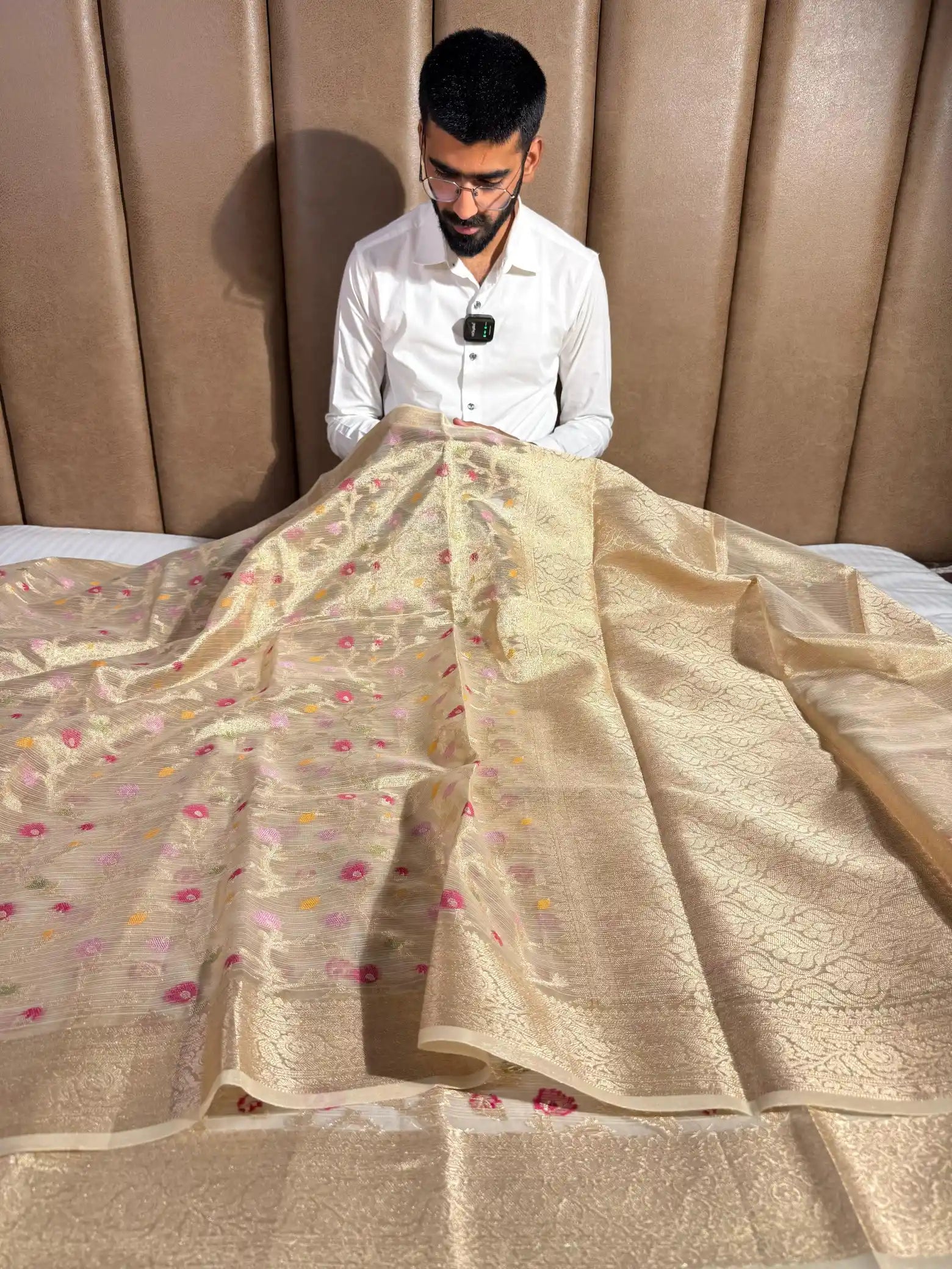 Light Gold Shade Kota Tissue Silk Banarasi Saree with Floral Meenakari
