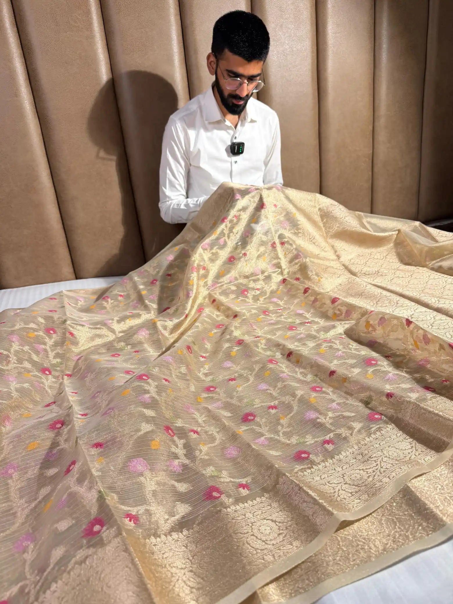Light Gold Shade Kota Tissue Silk Banarasi Saree with Floral Meenakari
