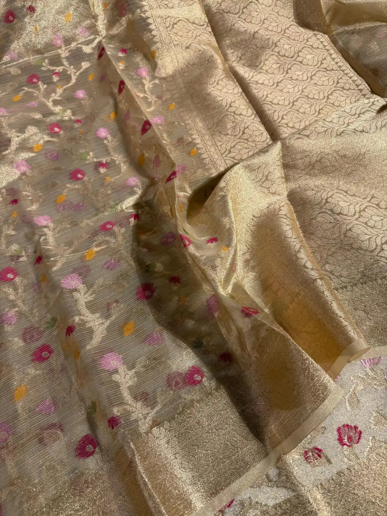 Light Gold Shade Kota Tissue Silk Banarasi Saree with Floral Meenakari
