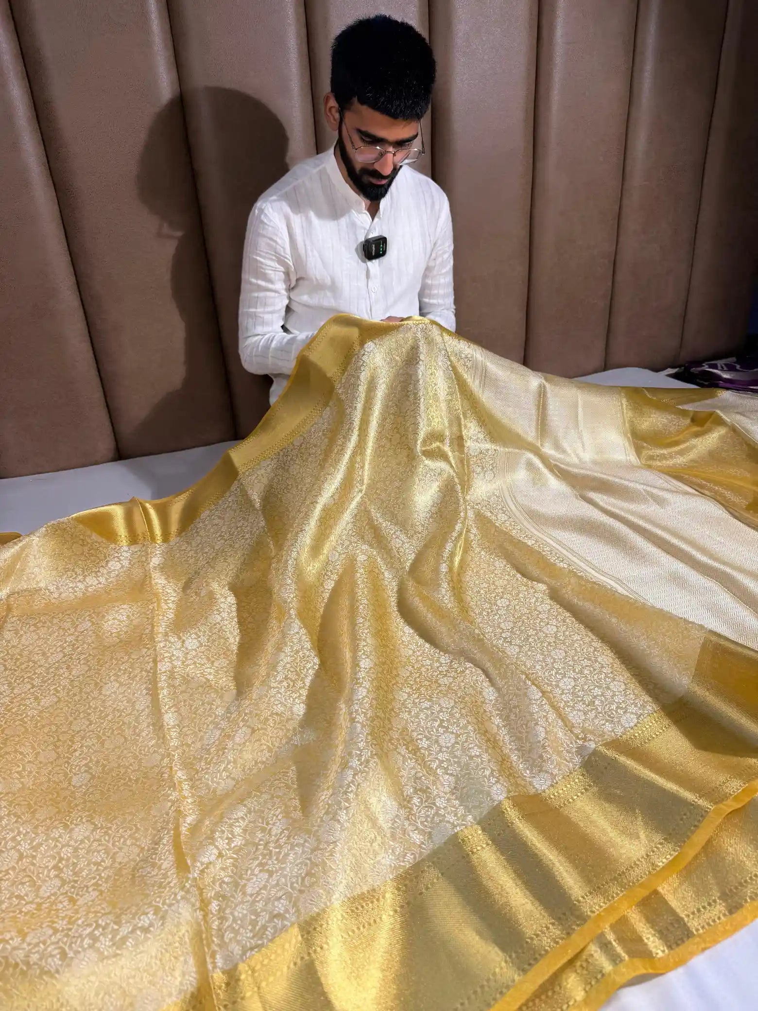 Light Gold Soft Tissue Silk Chikankari Weaved Banarasi Saree
