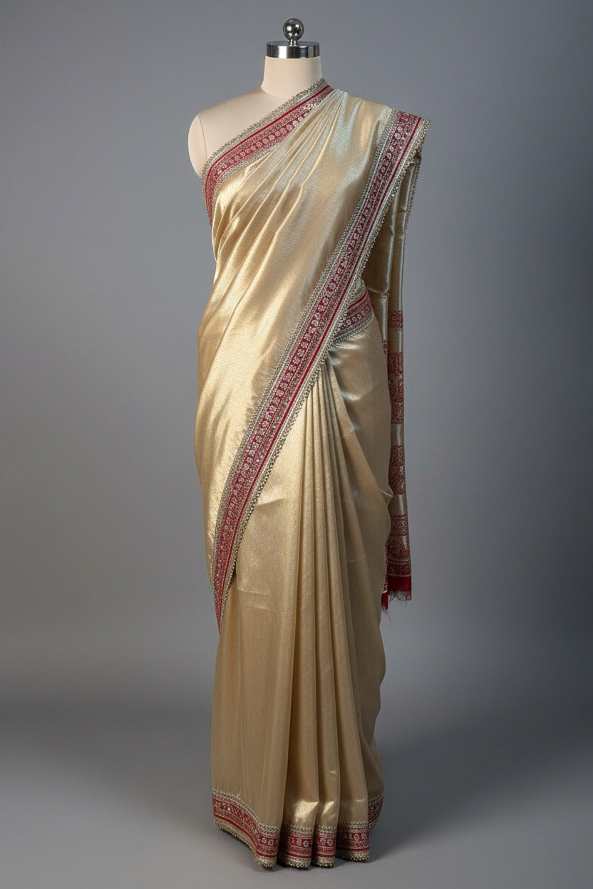 Light Gold Tissue Silk Maroon Eccentric Gota Attached Banarasi Saree