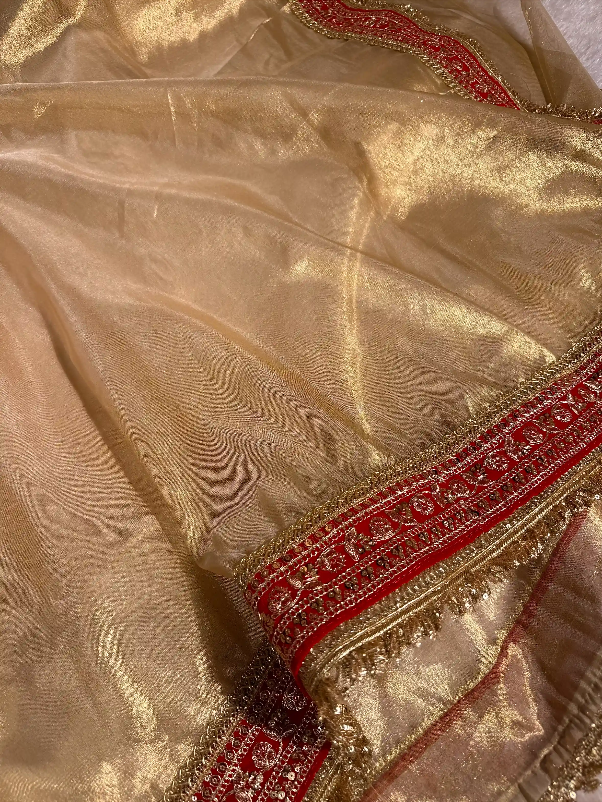 Light Gold Tissue Silk Maroon Eccentric Gota Attached Banarasi Saree