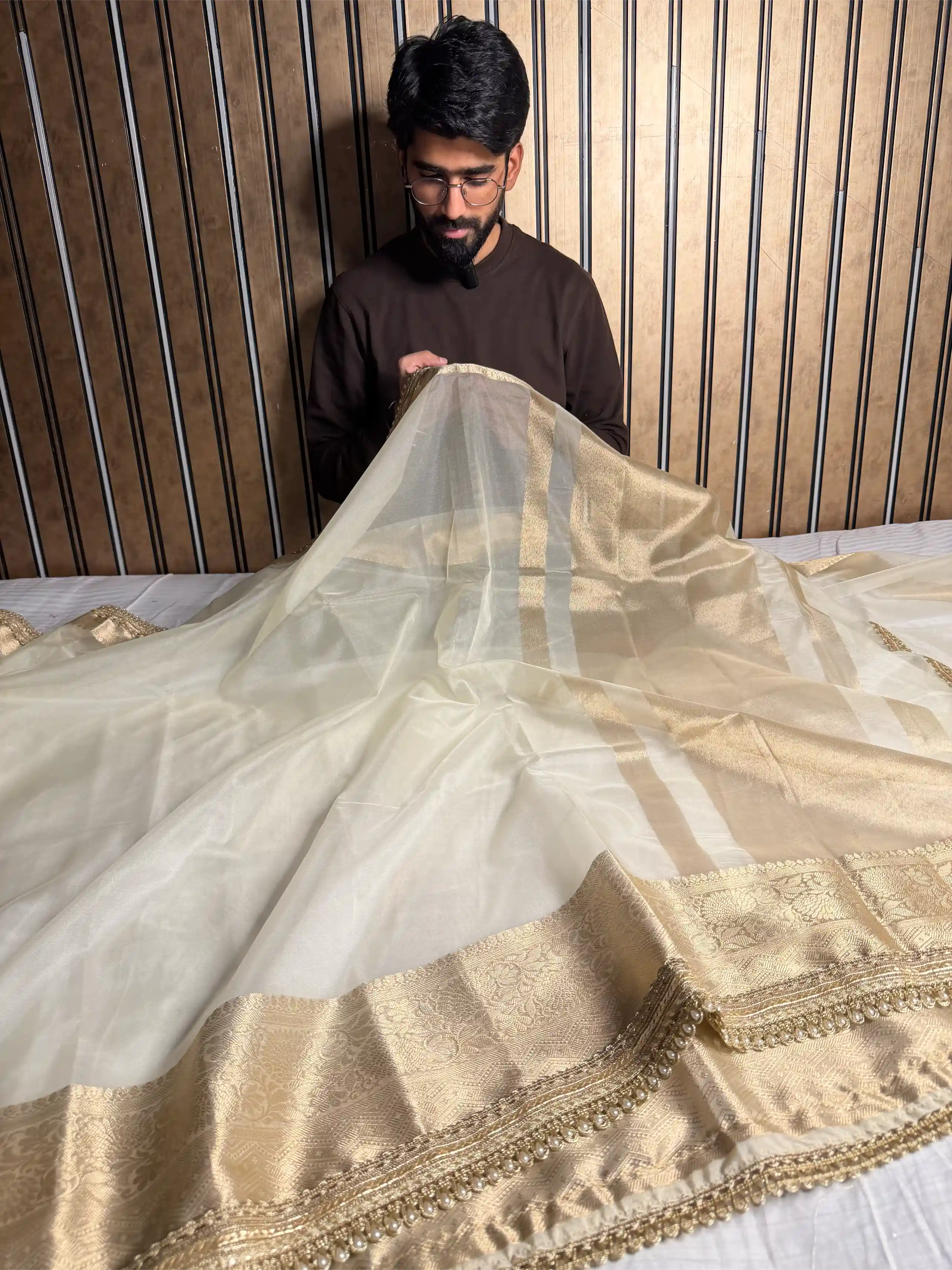 Light Ivory Cream Kora Organza Designer Lace Attached Banarasi Saree