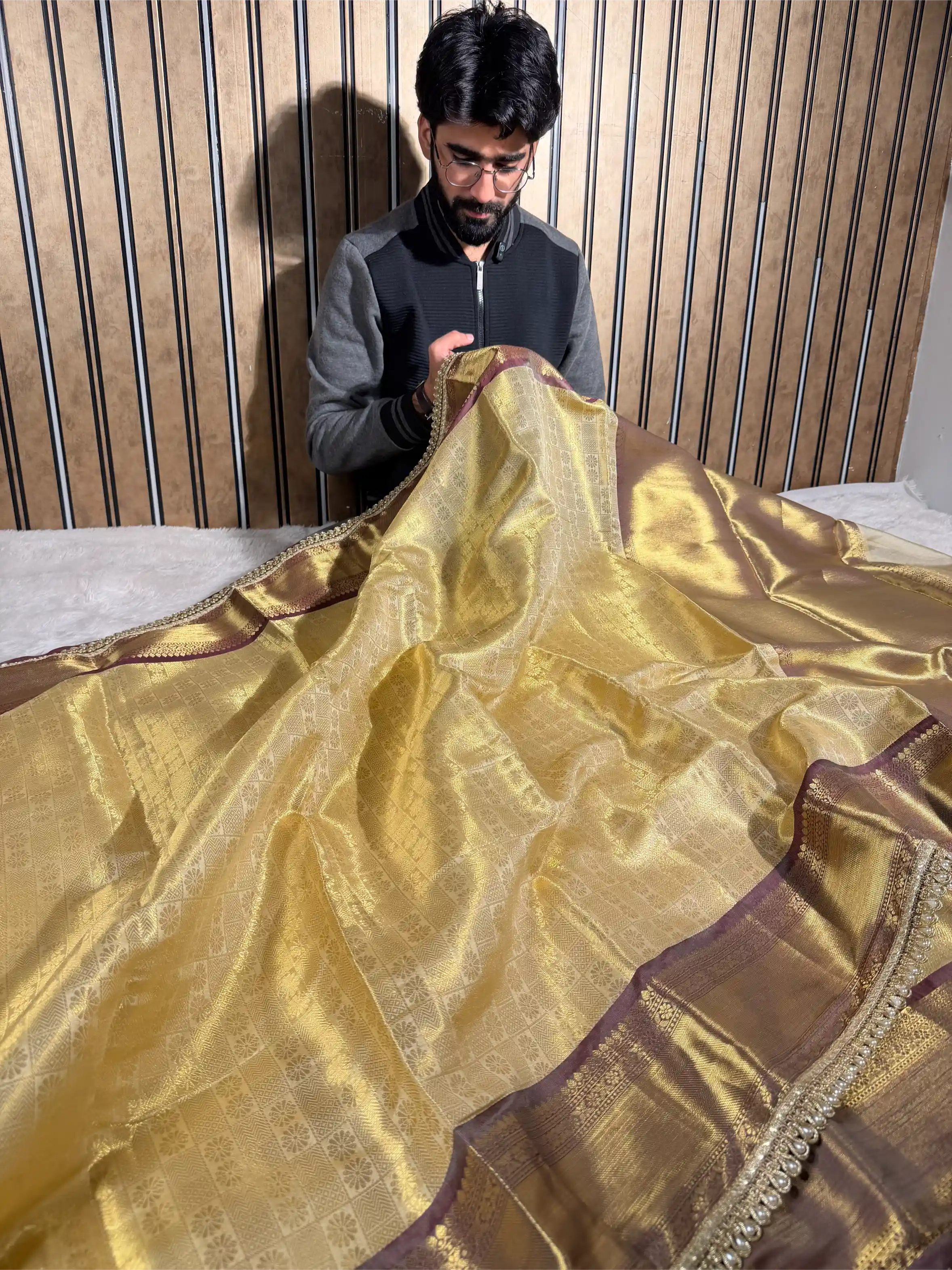 Light Ivory Kanjivaram Tissue Silk Embossed Designer Banarasi Saree