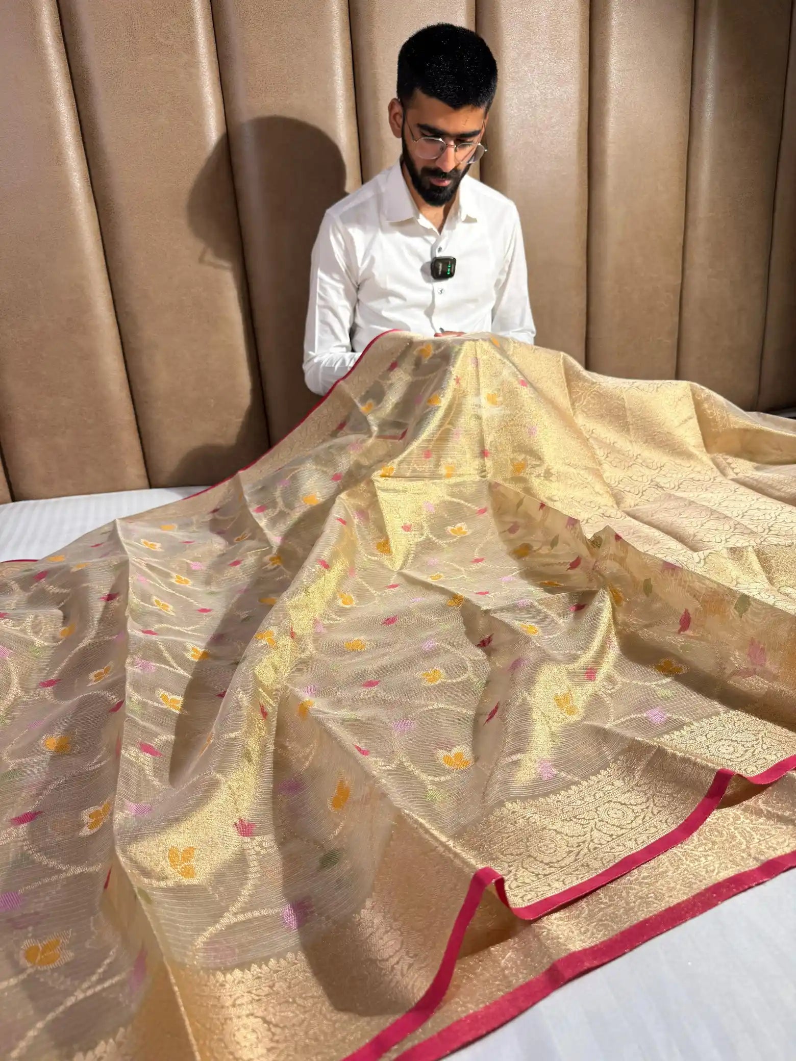 Light Kota Tissue Silk Banarasi Saree with Intricate Floral Meenakari Weave