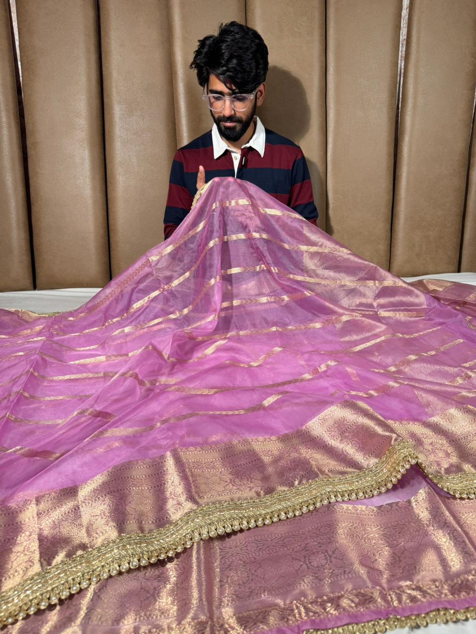 Light Lavender Kora Banarasi Saree With Lace Work