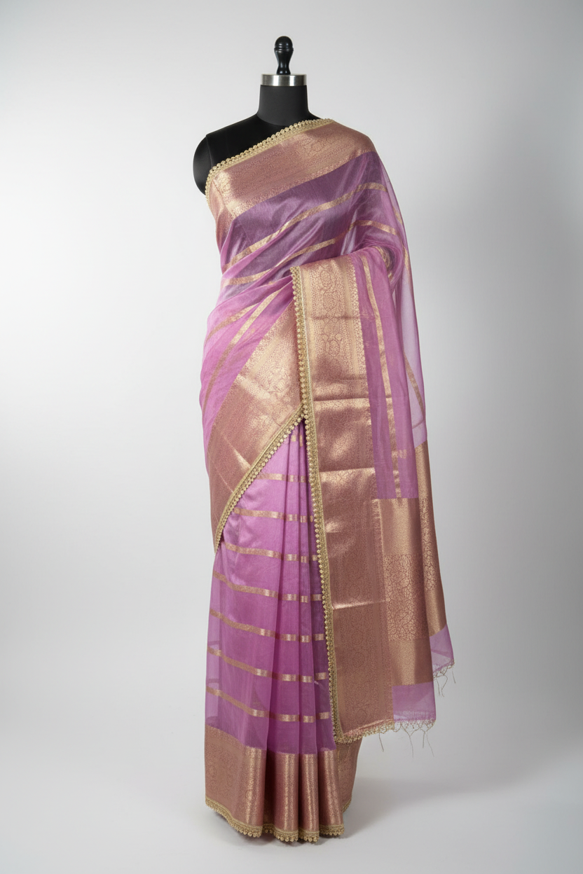 Light Lavender Kora Banarasi Saree With Lace Work
