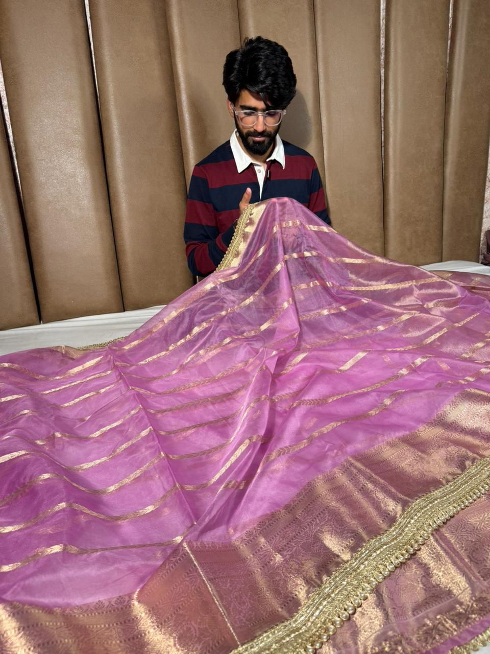 Light Lavender Kora Banarasi Saree With Lace Work