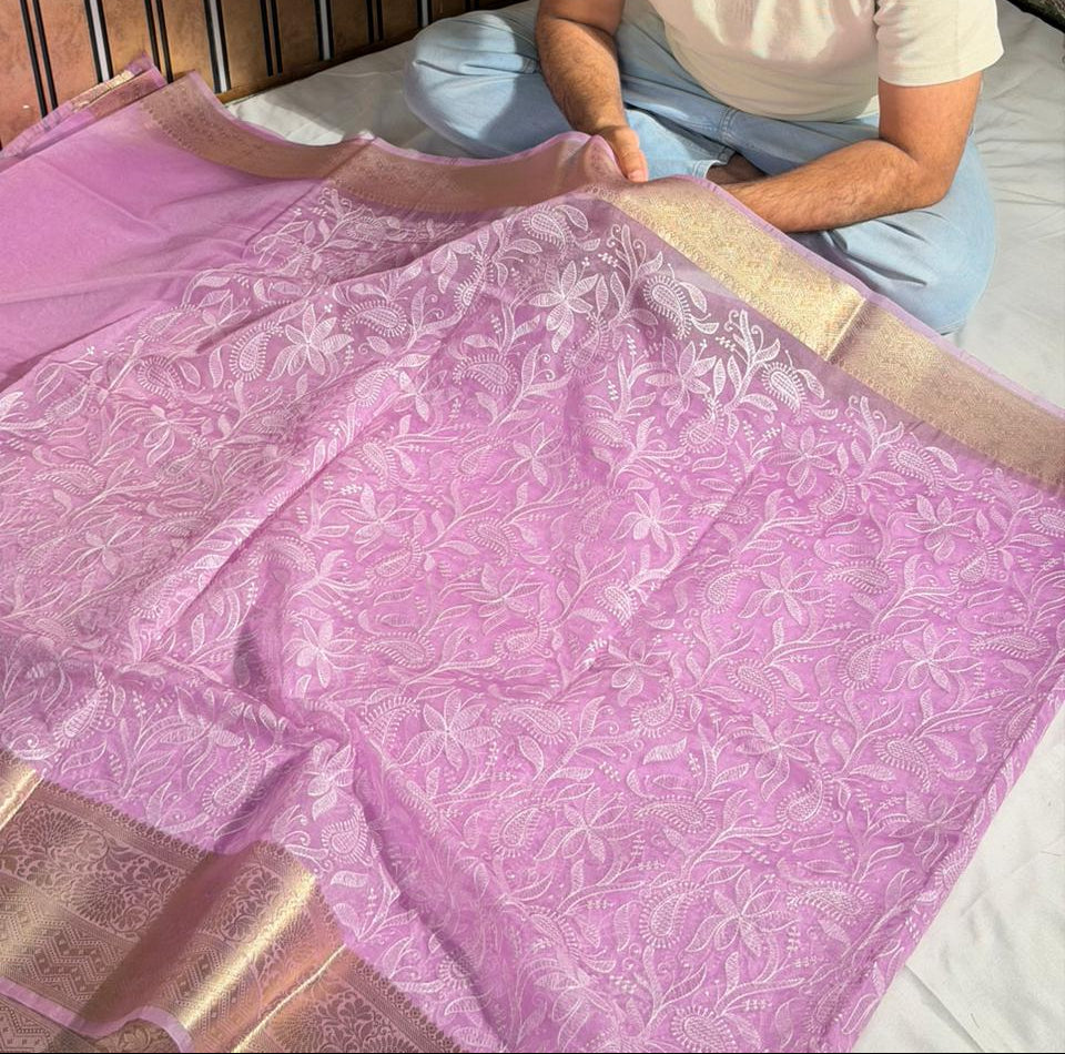 Light Lavender Kora Organza Chikankari Embroidered Banarasi Saree
