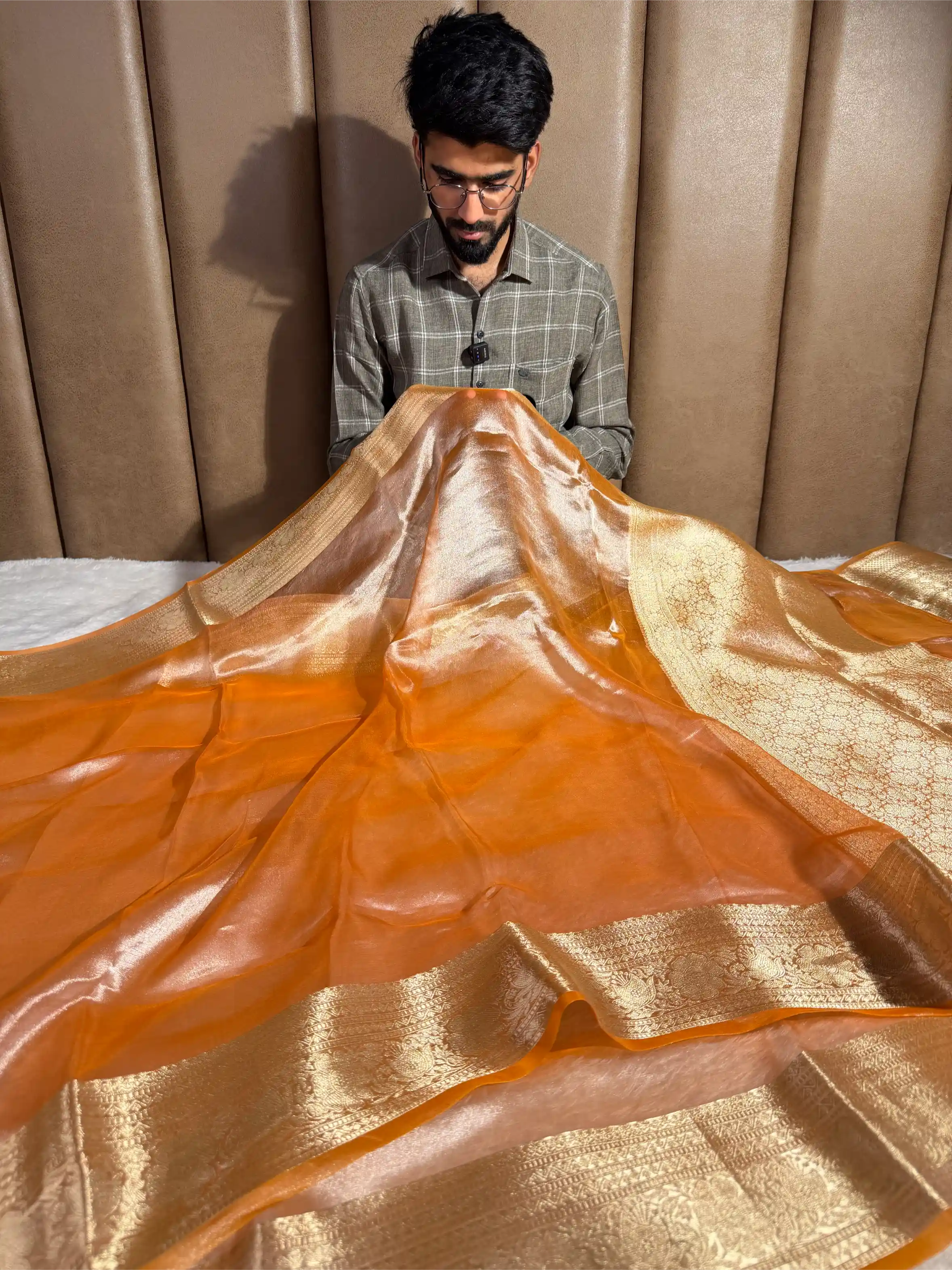 Light Orange Pure Tissue Silk Jacquard Banarasi Saree