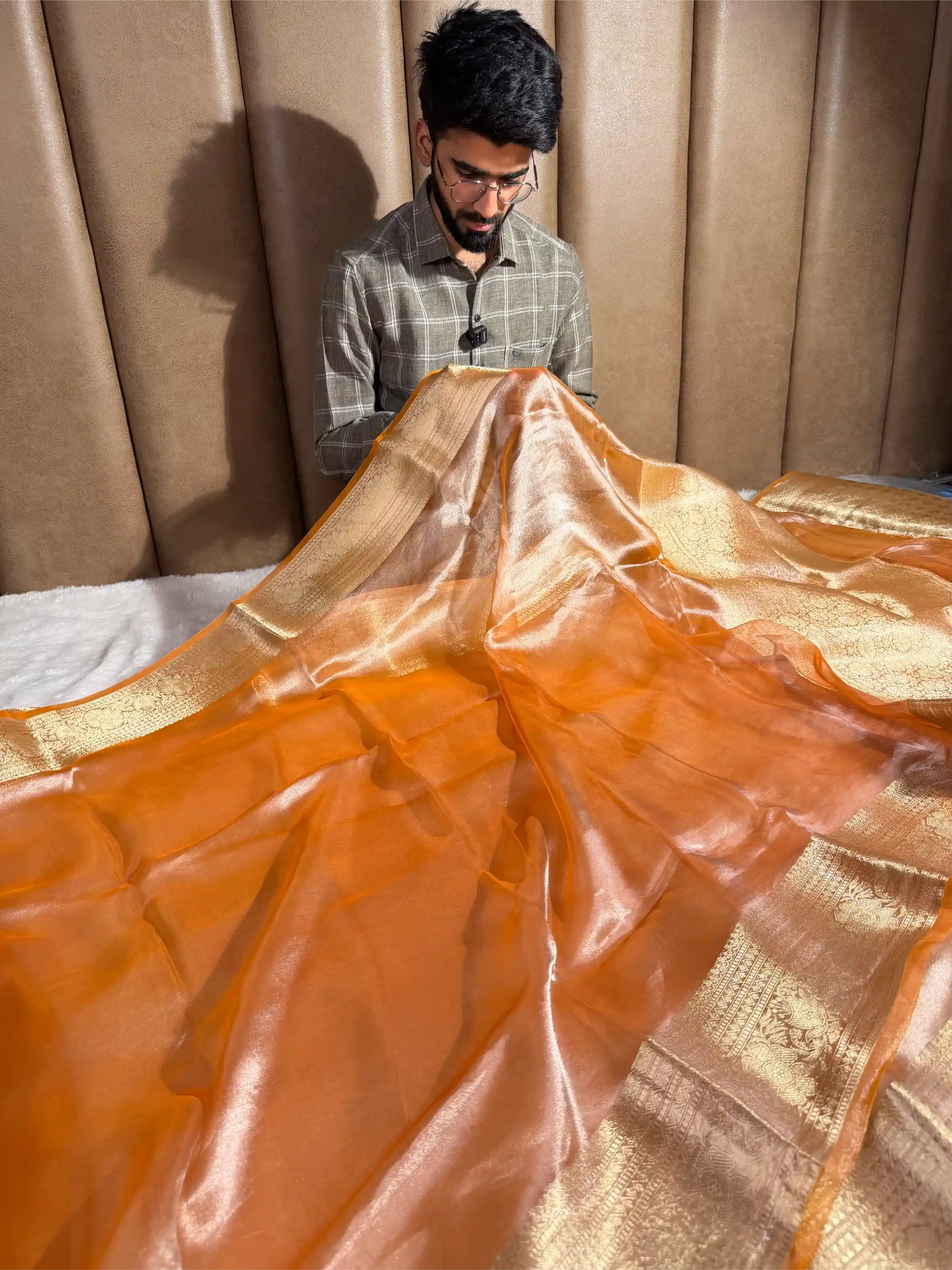 Light Orange Pure Tissue Silk Jacquard Banarasi Saree