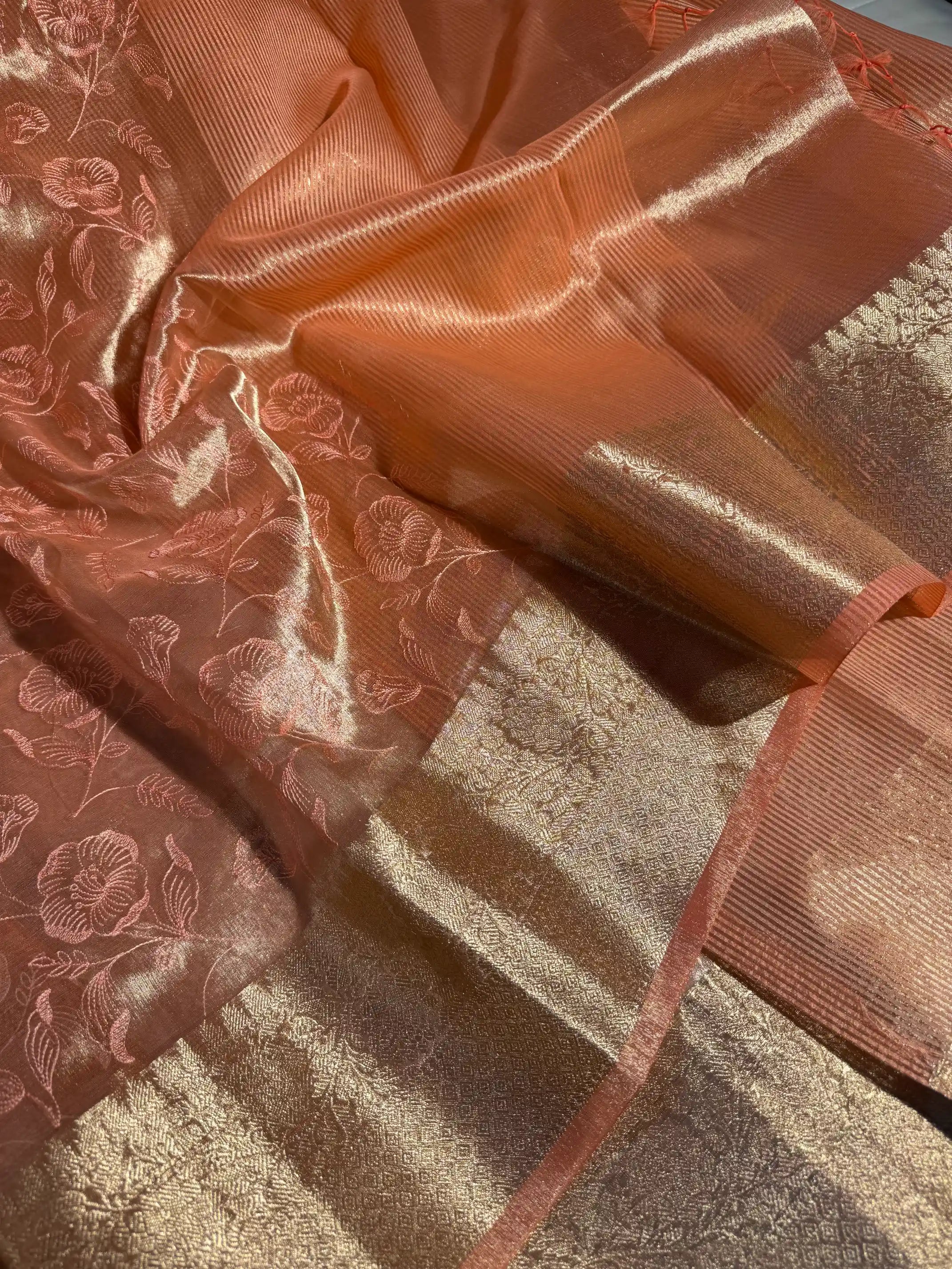 Light Pastel Peach Tissue Silk Chikankari Embroidery Work Banarasi Saree