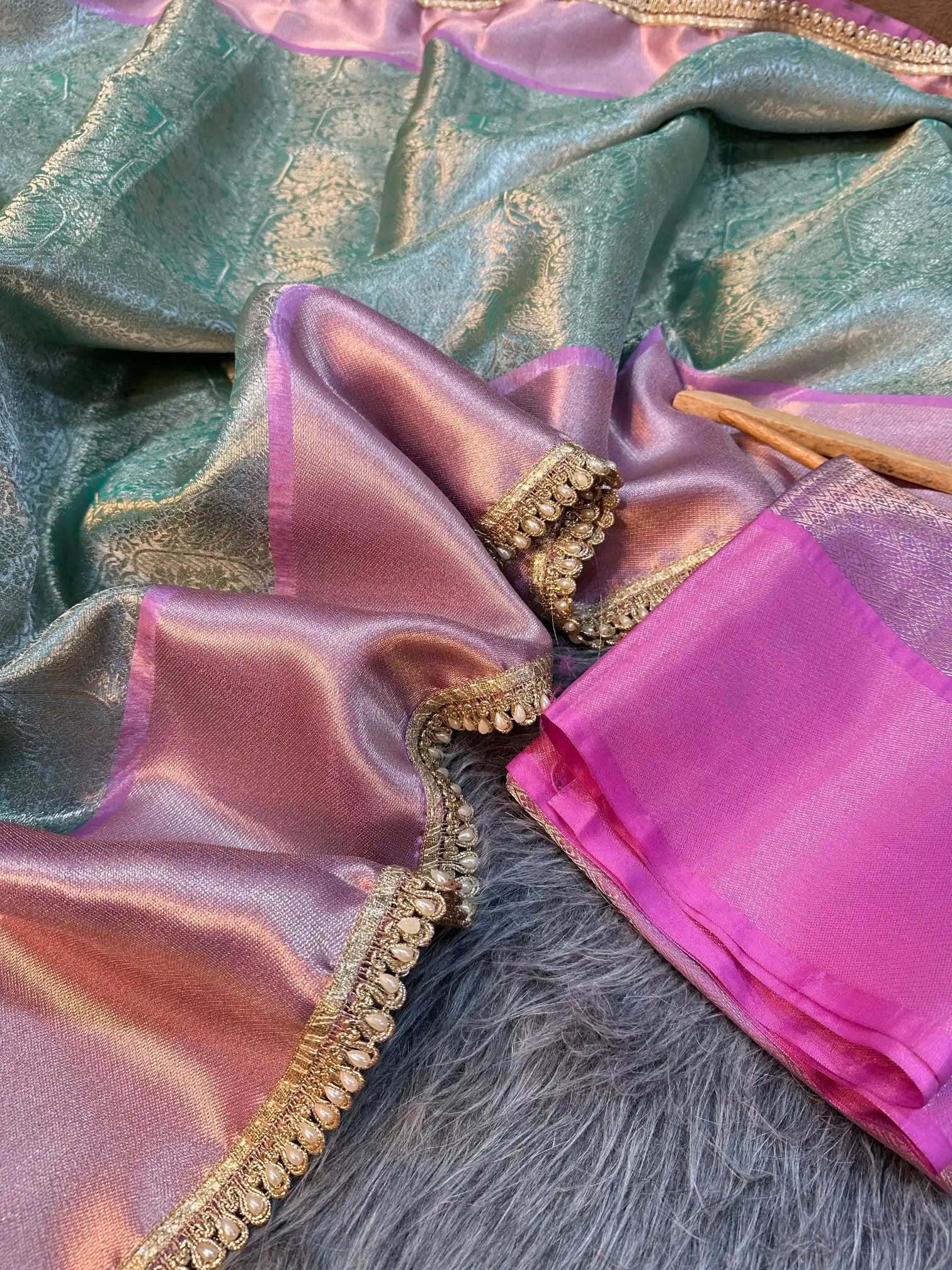 Light Pastel Sea Green Bridal Kanjivaram Tissue Silk Moti Lace Work Designer Saree