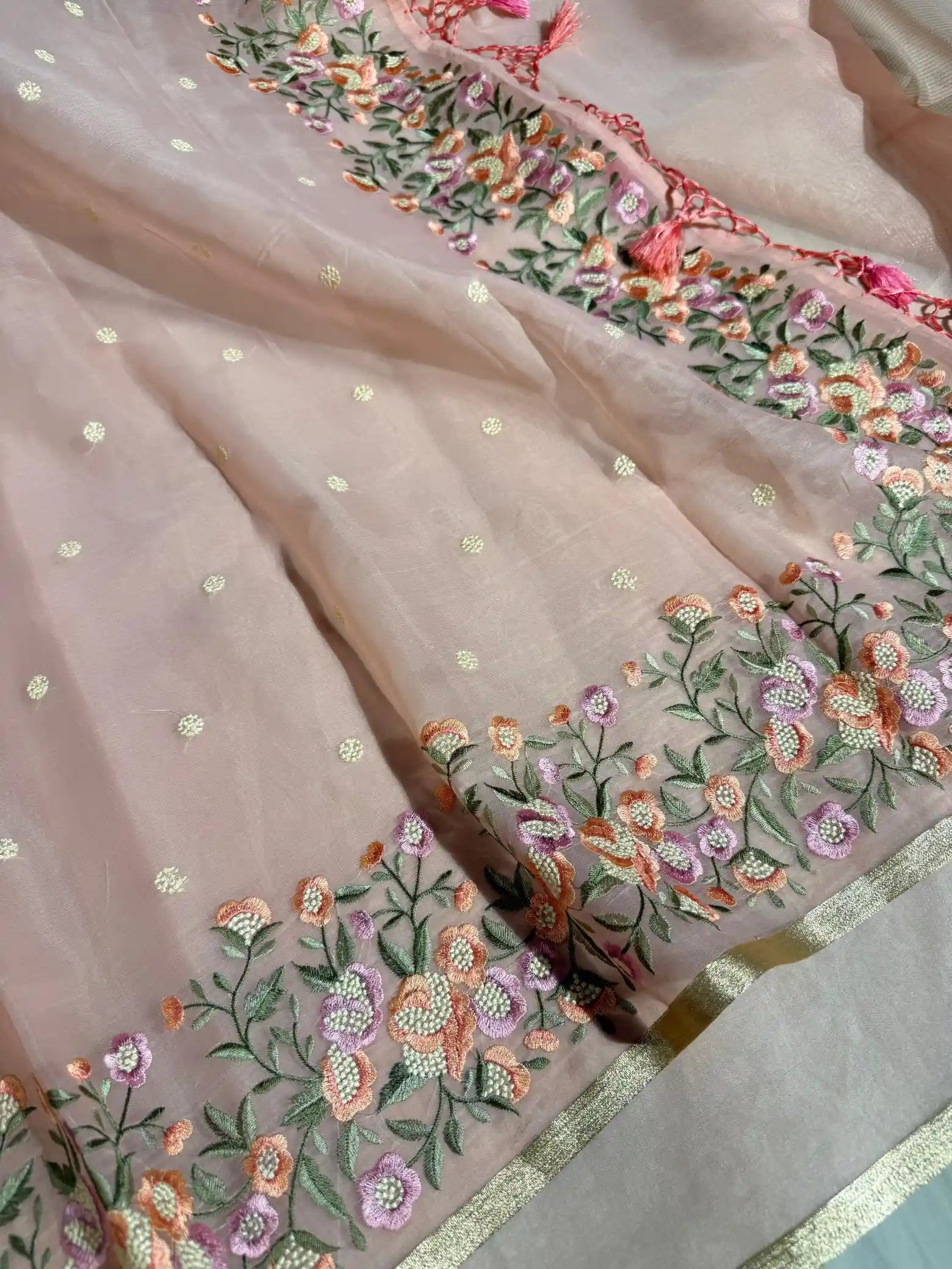 Light Peach Kora Organza Silk Multicoloured Heavy Floral Embroidery Work Banarasi Saree