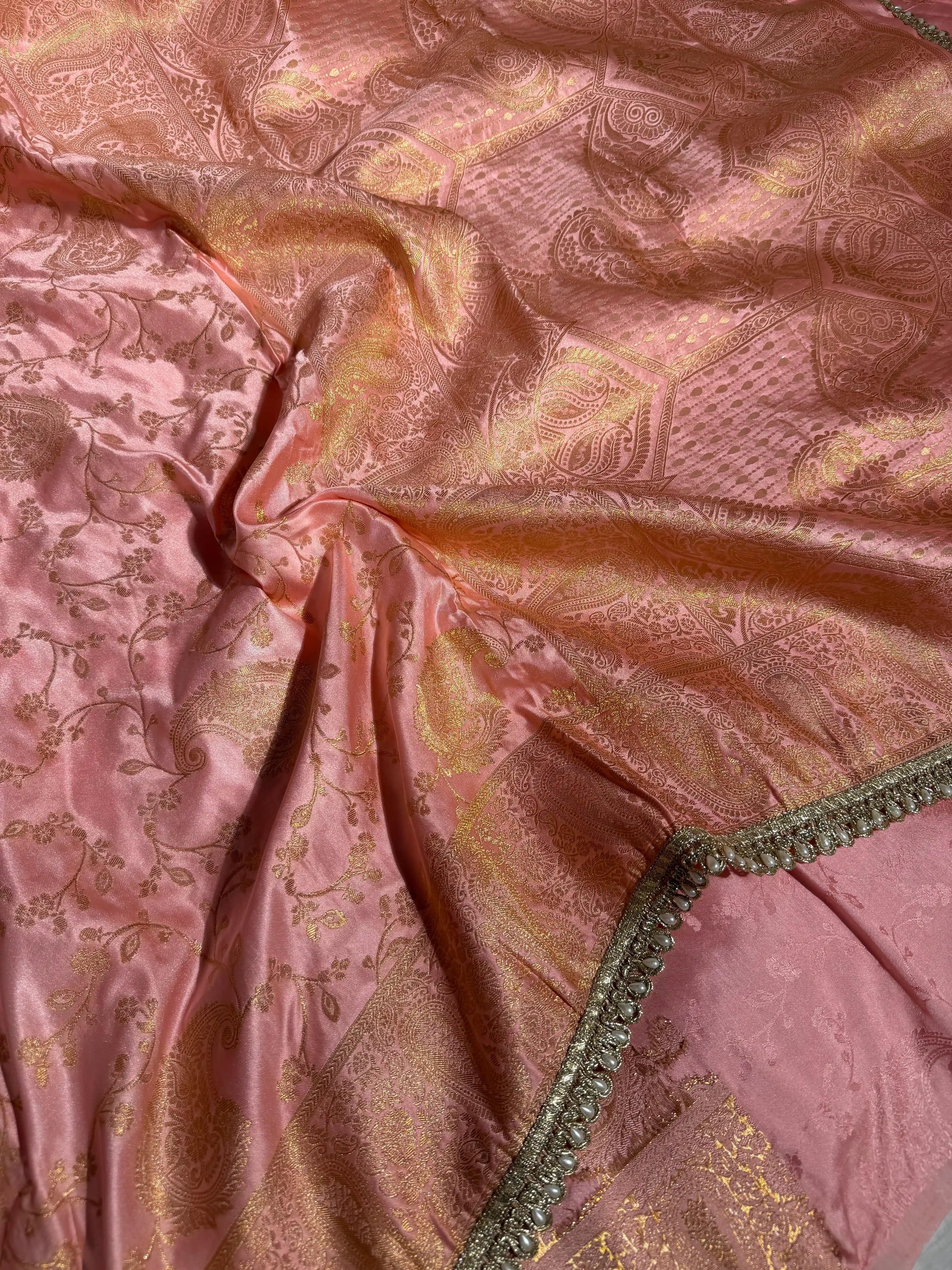 Light Peach Mashru Katan Designer Lace Work Banarasi Saree