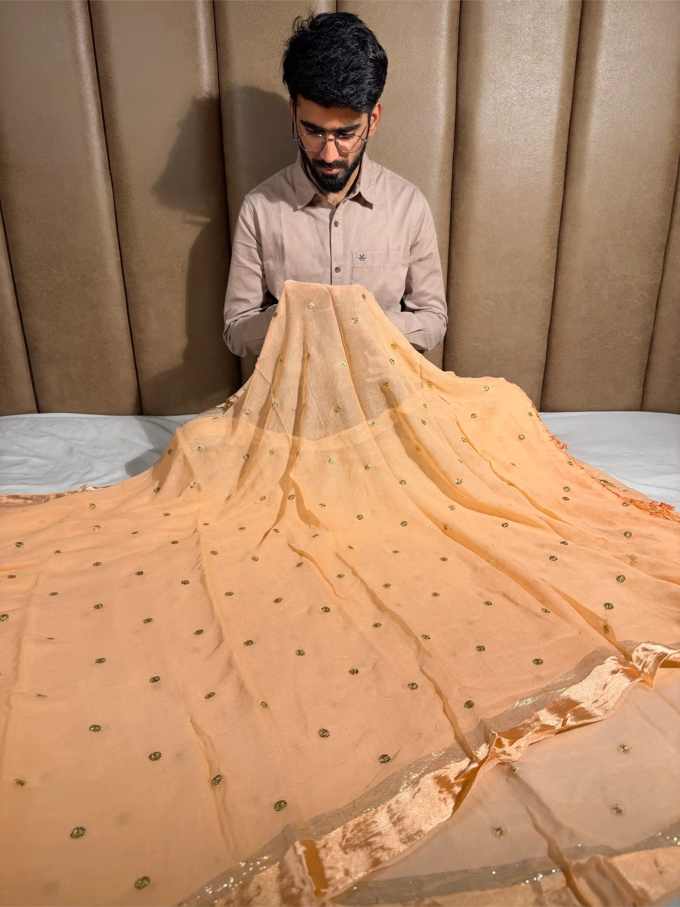 Light Peach Viscose Georgette Embroided Buti Saree