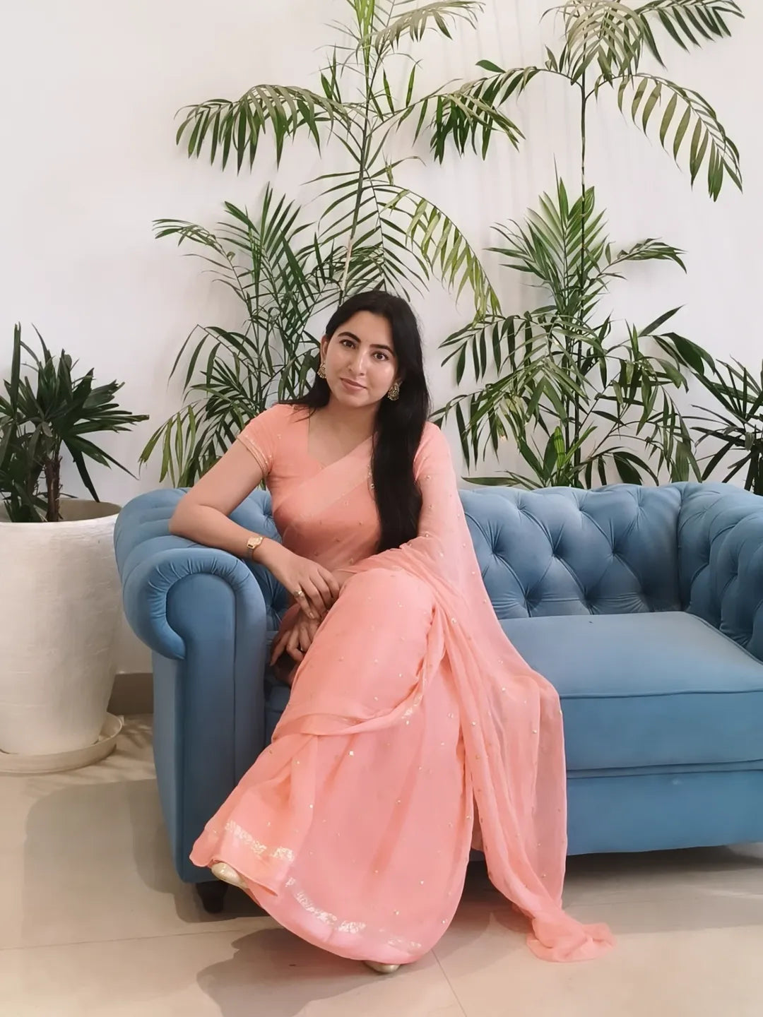 Light Peach Viscose Georgette Embroided Buti Saree