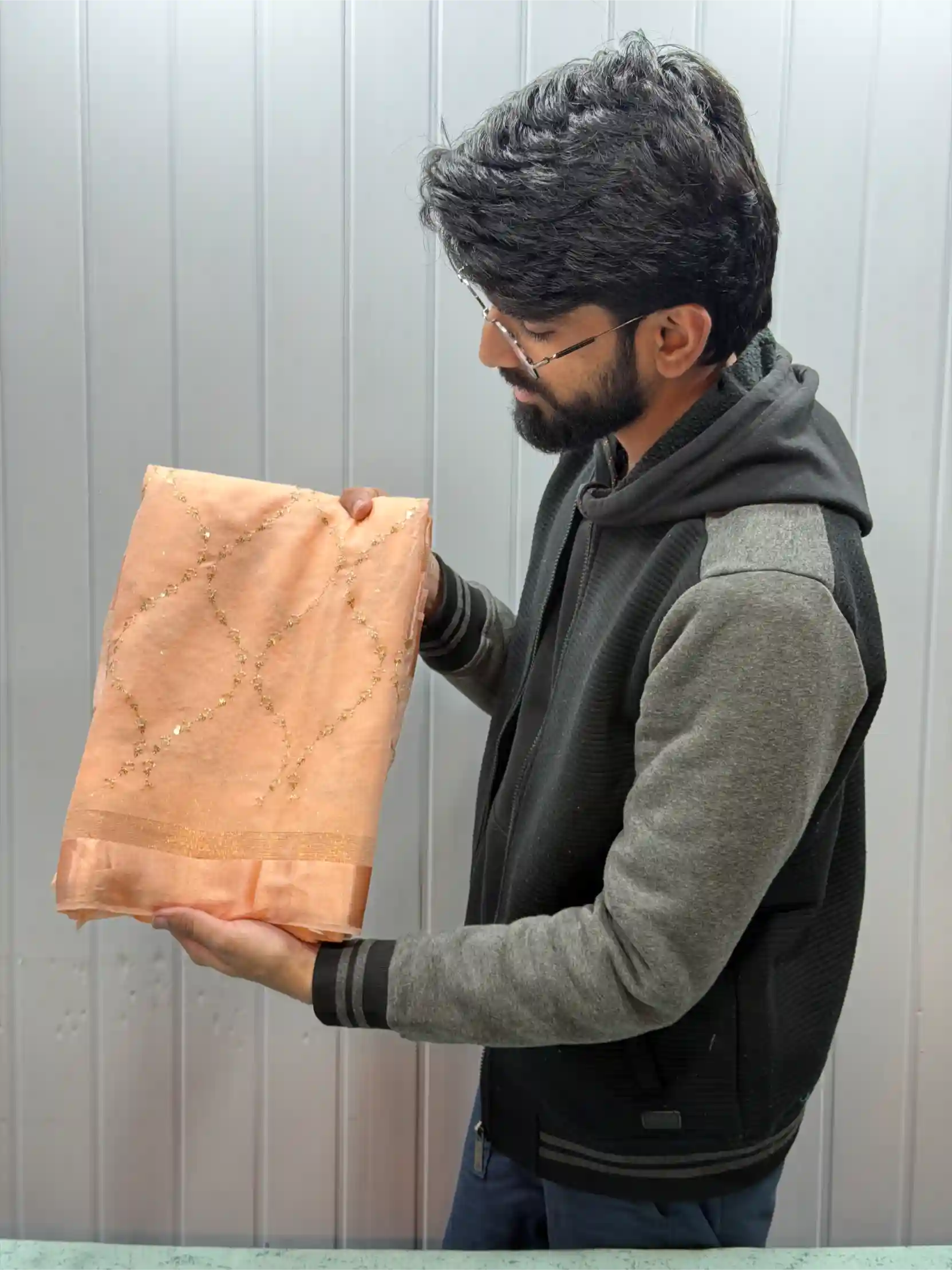 Light Peach Viscose Georgette Silk Embroidered Work Banarasi Saree