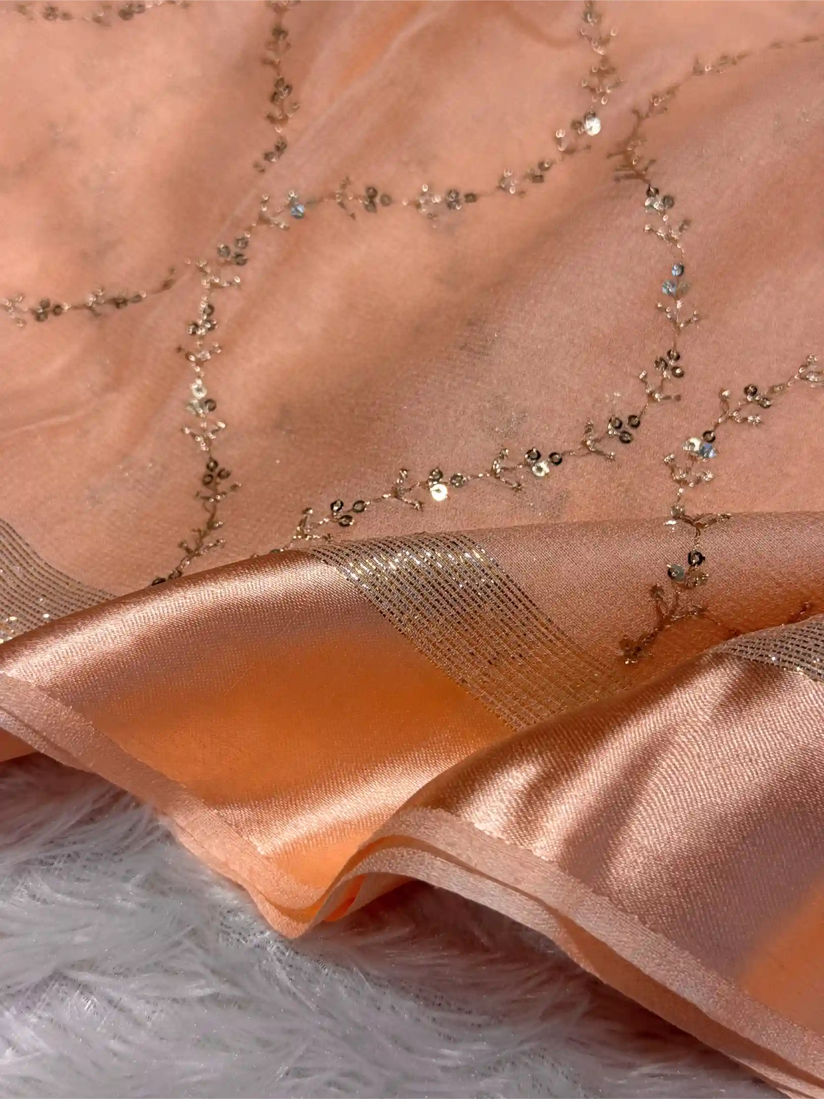 Light Peach Viscose Georgette Silk Embroidered Work Banarasi Saree