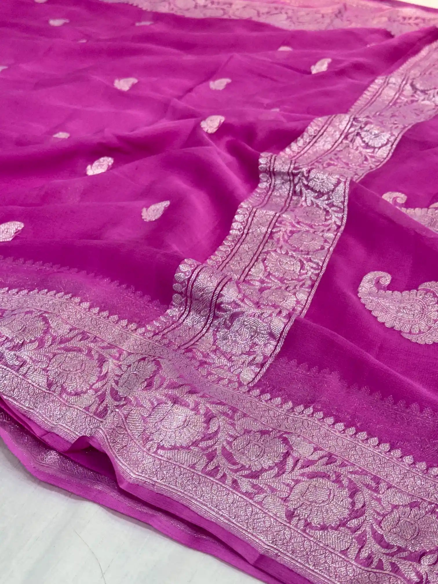 Light Pink Handwoven Pure Khaddi Chiffon Banarasi Saree