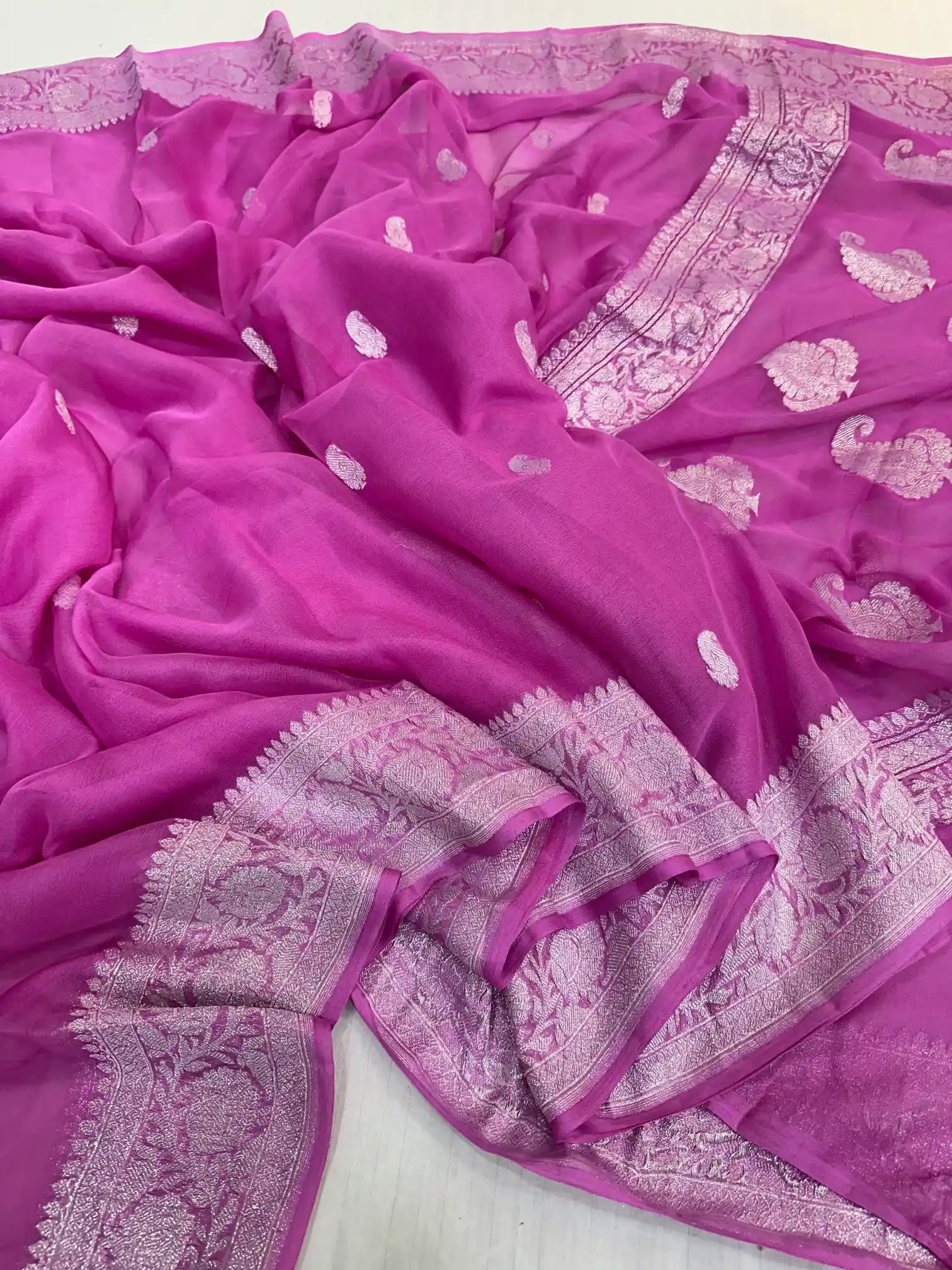 Light Pink Handwoven Pure Khaddi Chiffon Banarasi Saree
