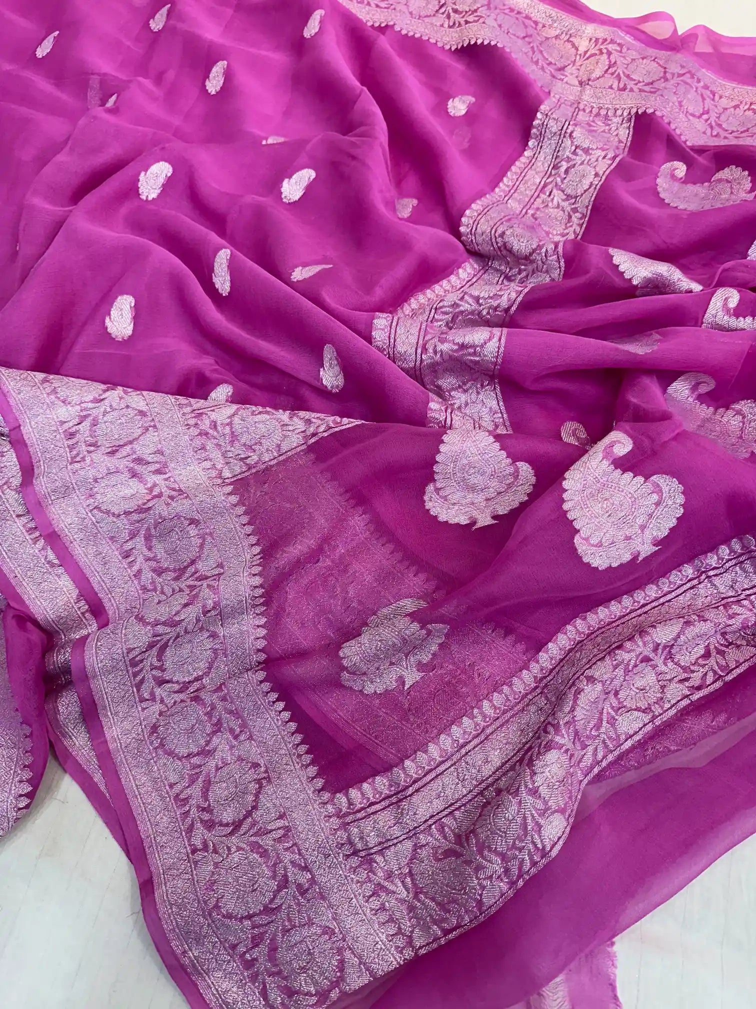 Light Pink Handwoven Pure Khaddi Chiffon Banarasi Saree