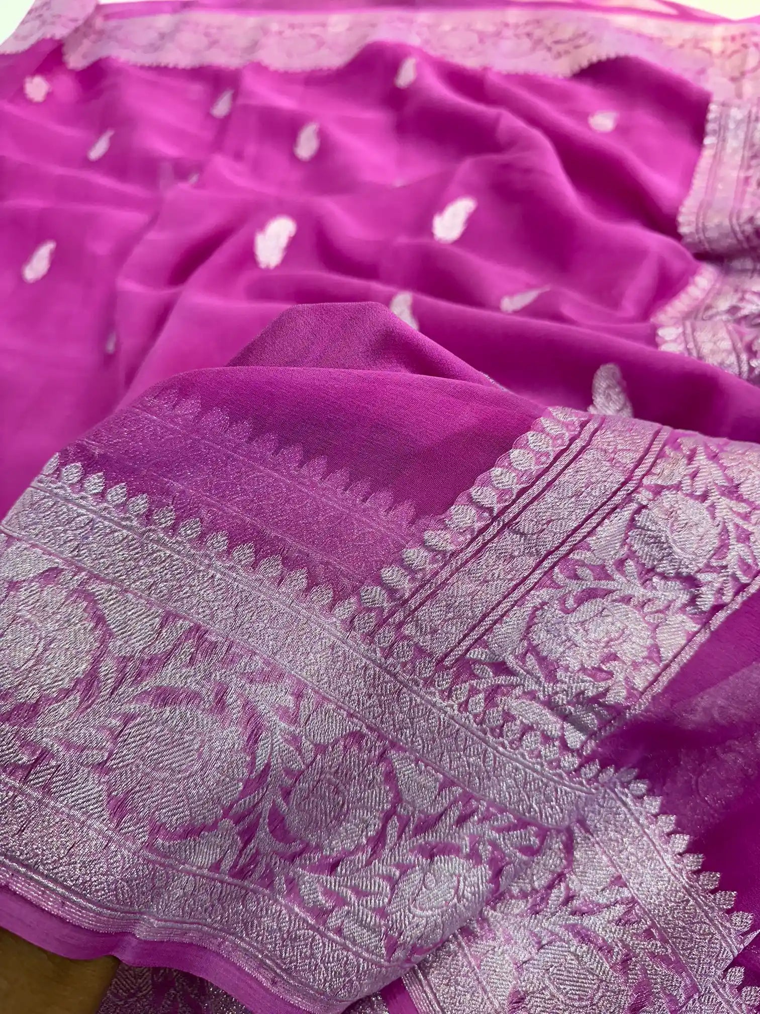 Light Pink Handwoven Pure Khaddi Chiffon Banarasi Saree