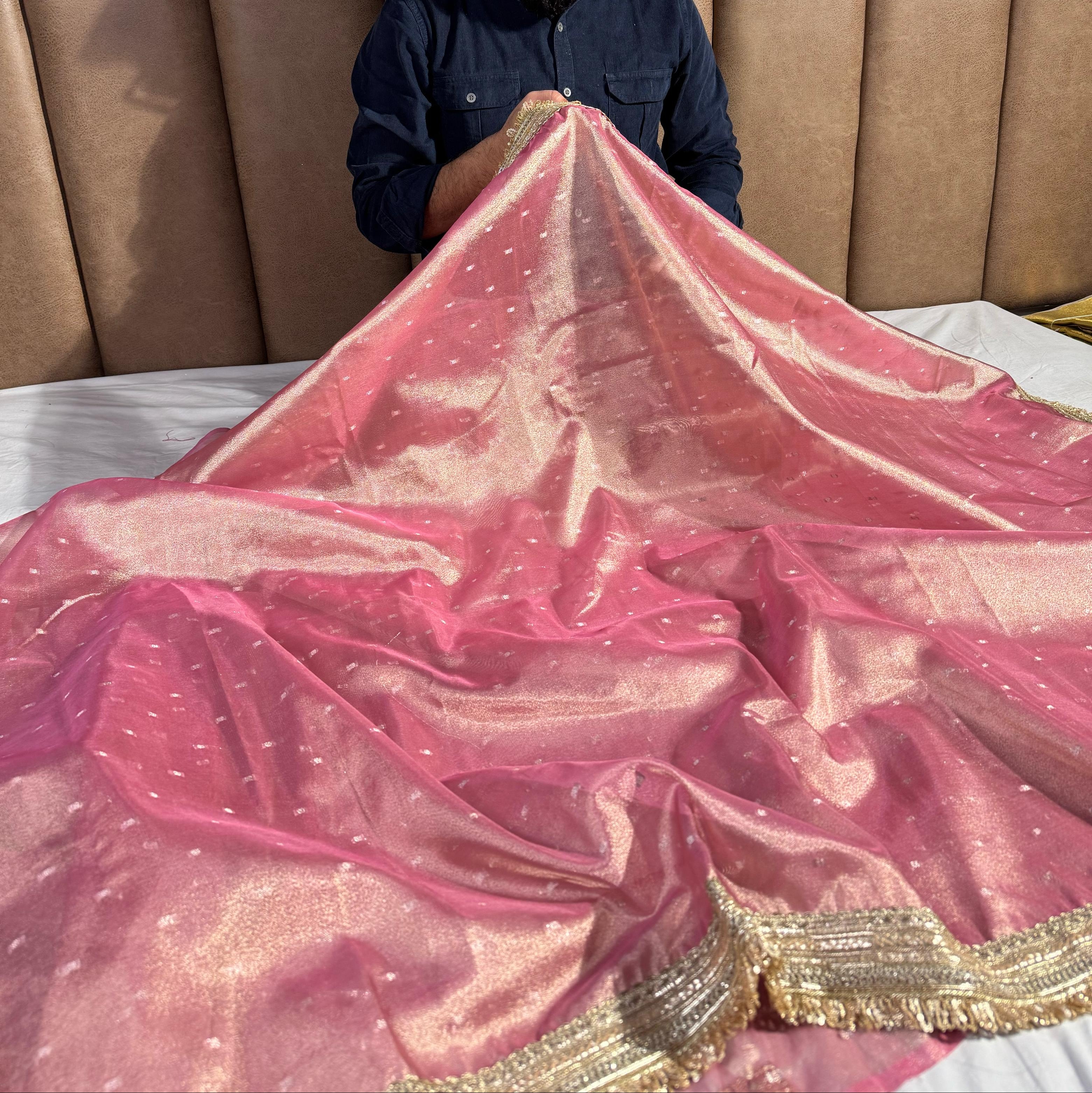 Light Pink Shade Tissue Silk Saree with Heavy Lace