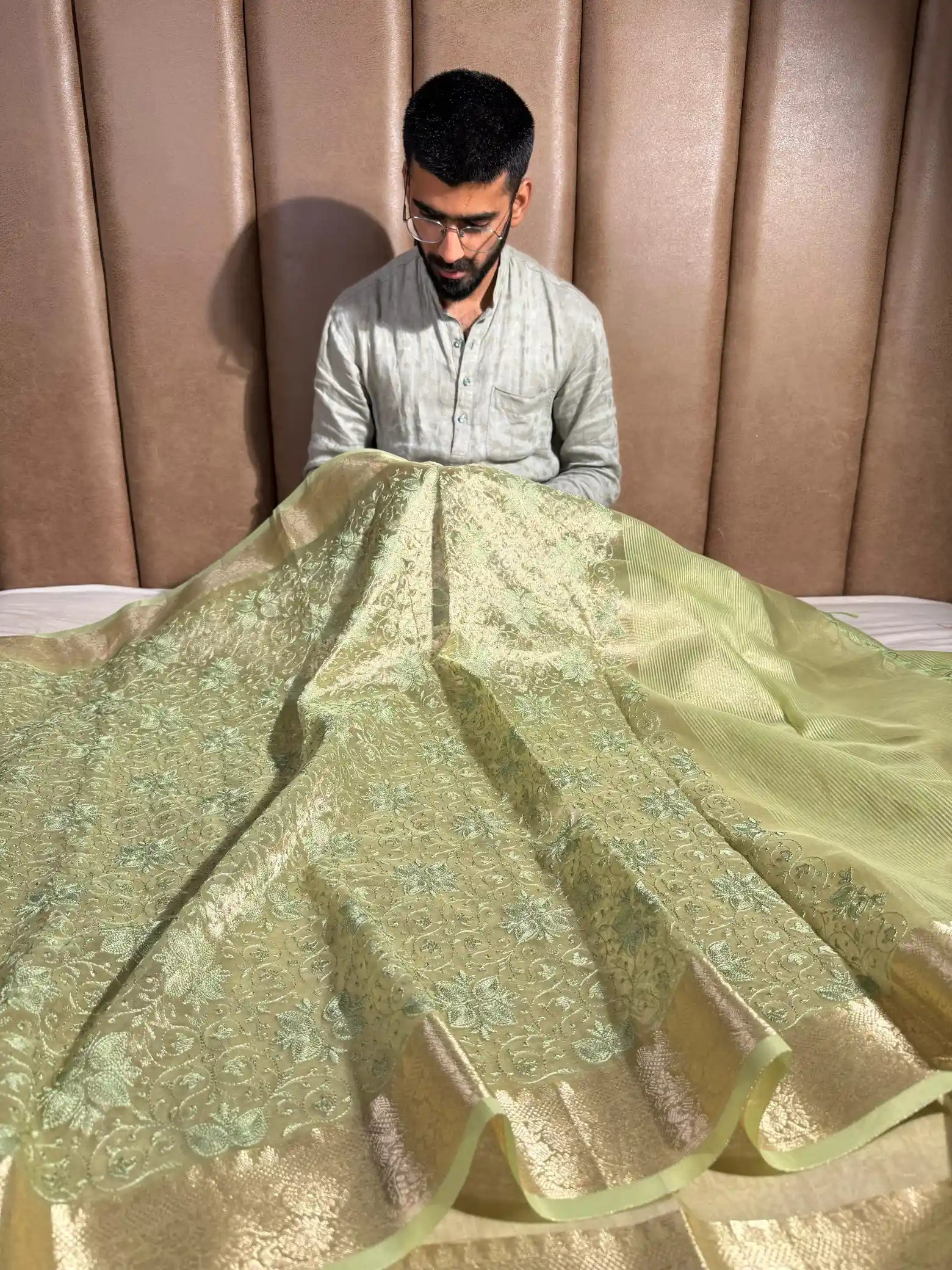 Light Pista Shade Soft Tissue Silk Banarasi Saree with Premium Chikankari Embroidery