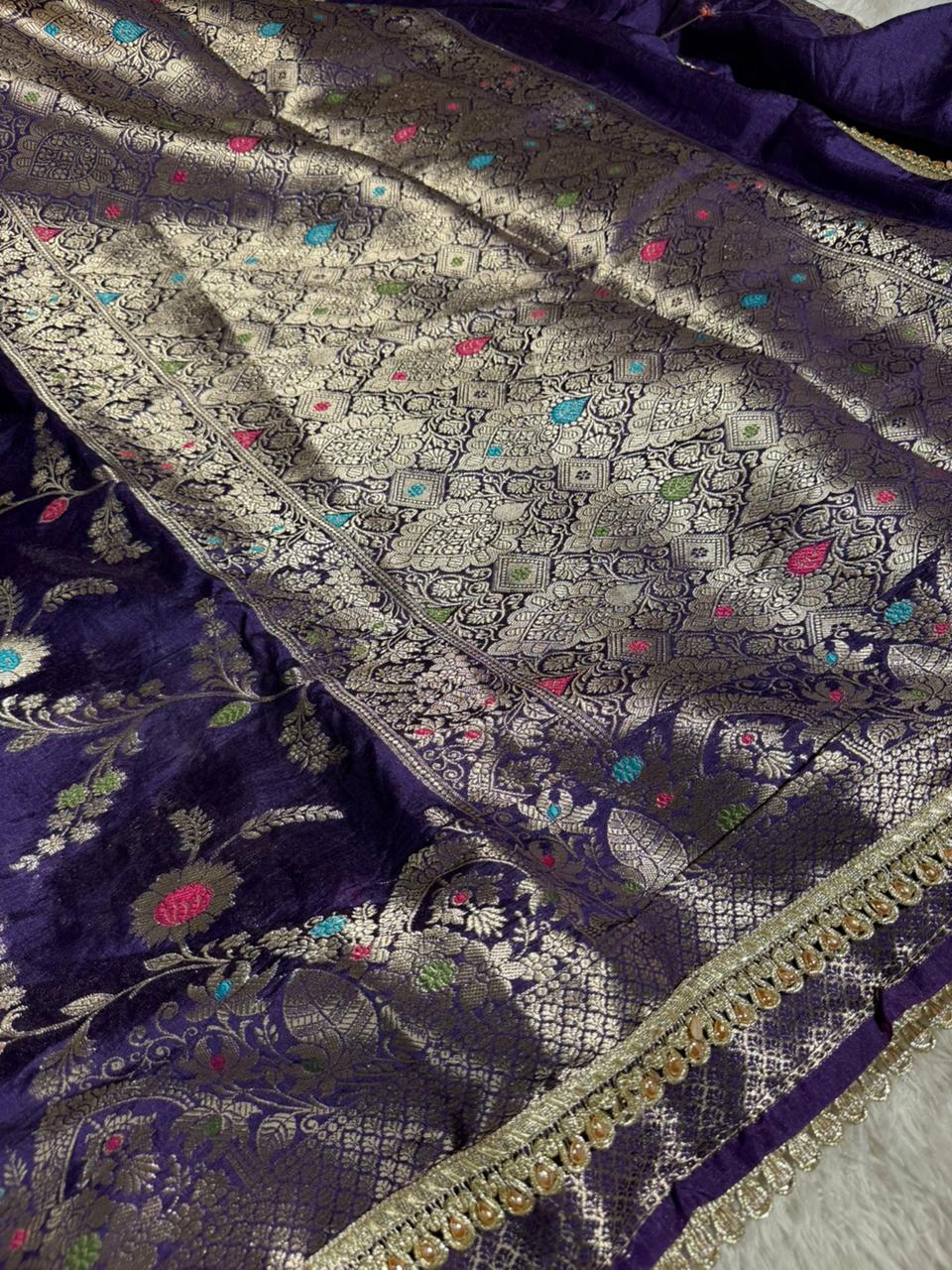 Light Purple Premium Dupion Silk Lace Work Banarasi Saree