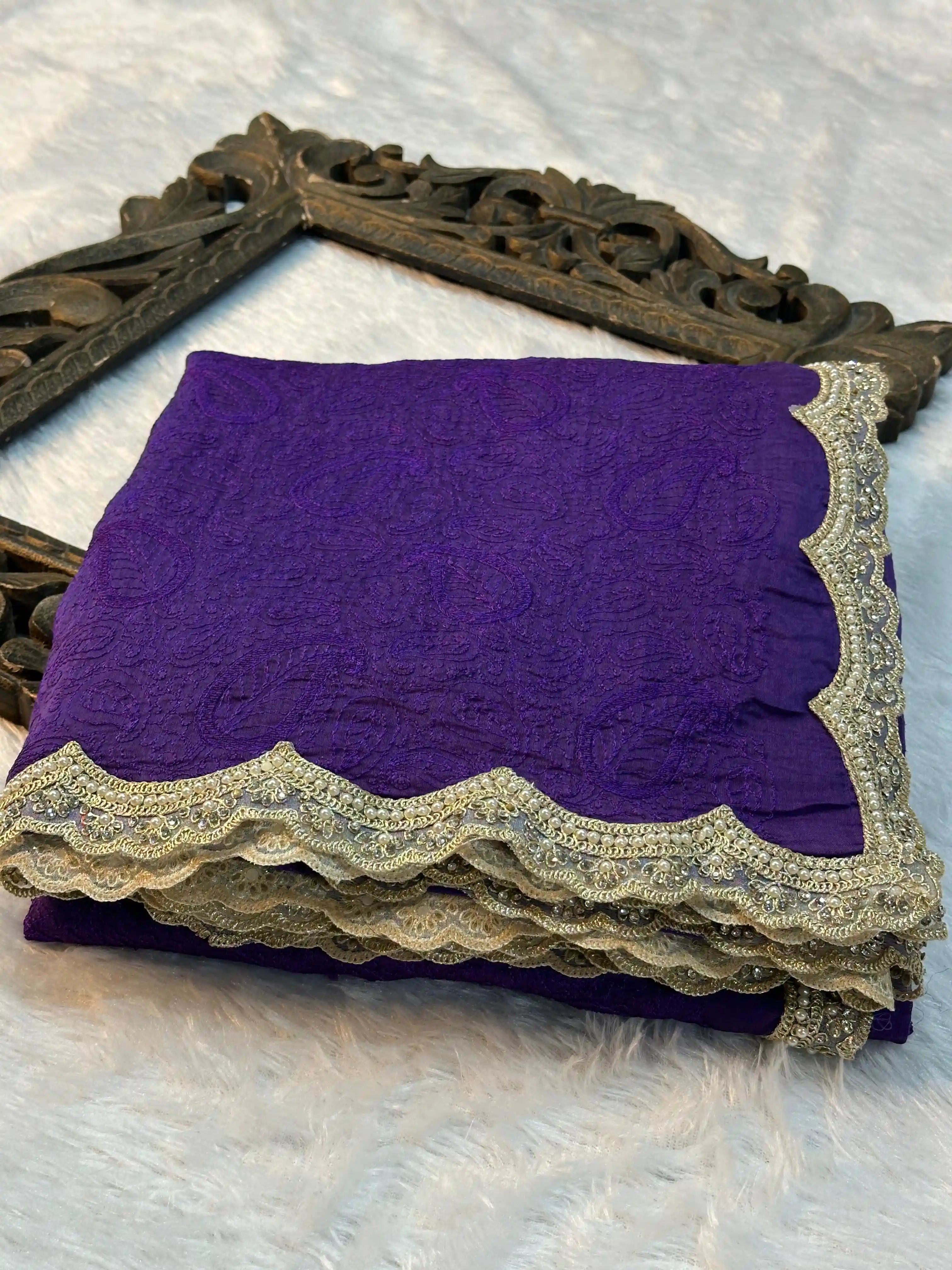 Light Purple Pure Mul Cotton Silk Chikankari Embroidery Pearl Moti Lace Work Banarasi Saree