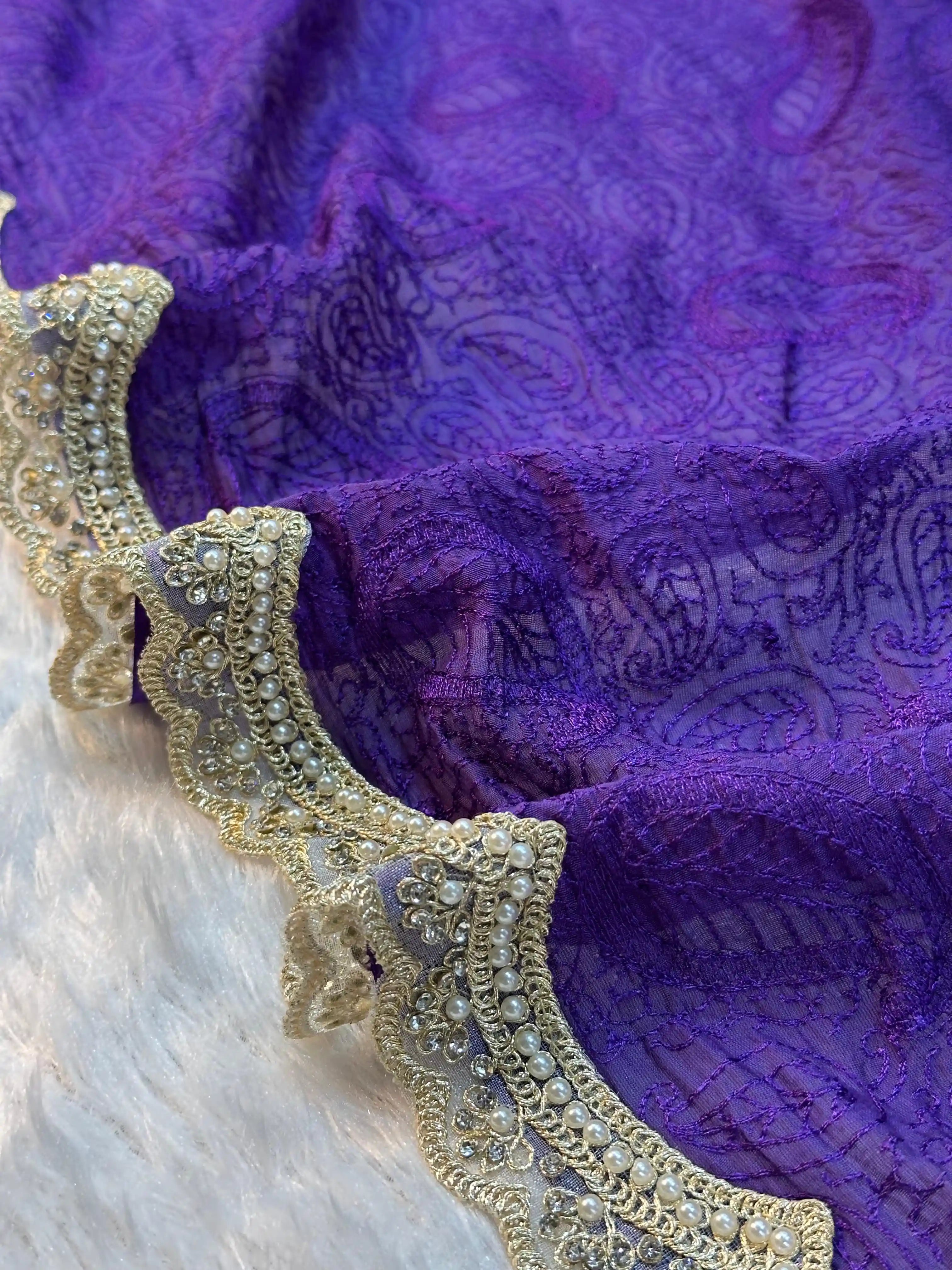 Light Purple Pure Mul Cotton Silk Chikankari Embroidery Pearl Moti Lace Work Banarasi Saree