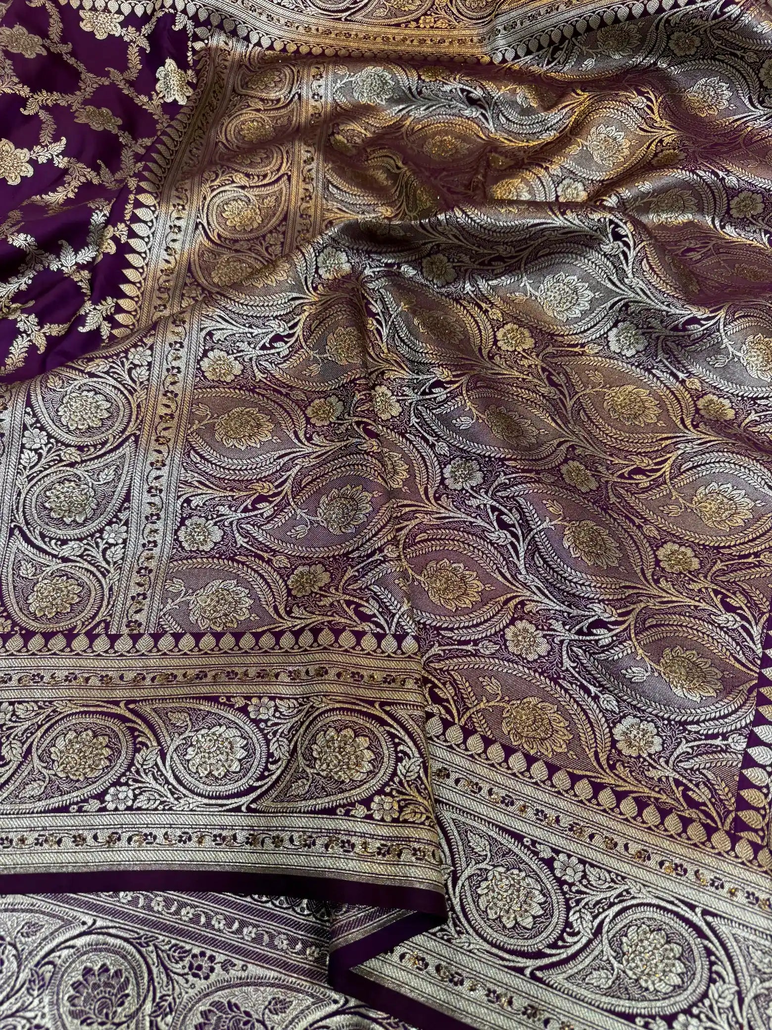 Light Purple Satin Katan Silk Stone Work Banarasi Saree