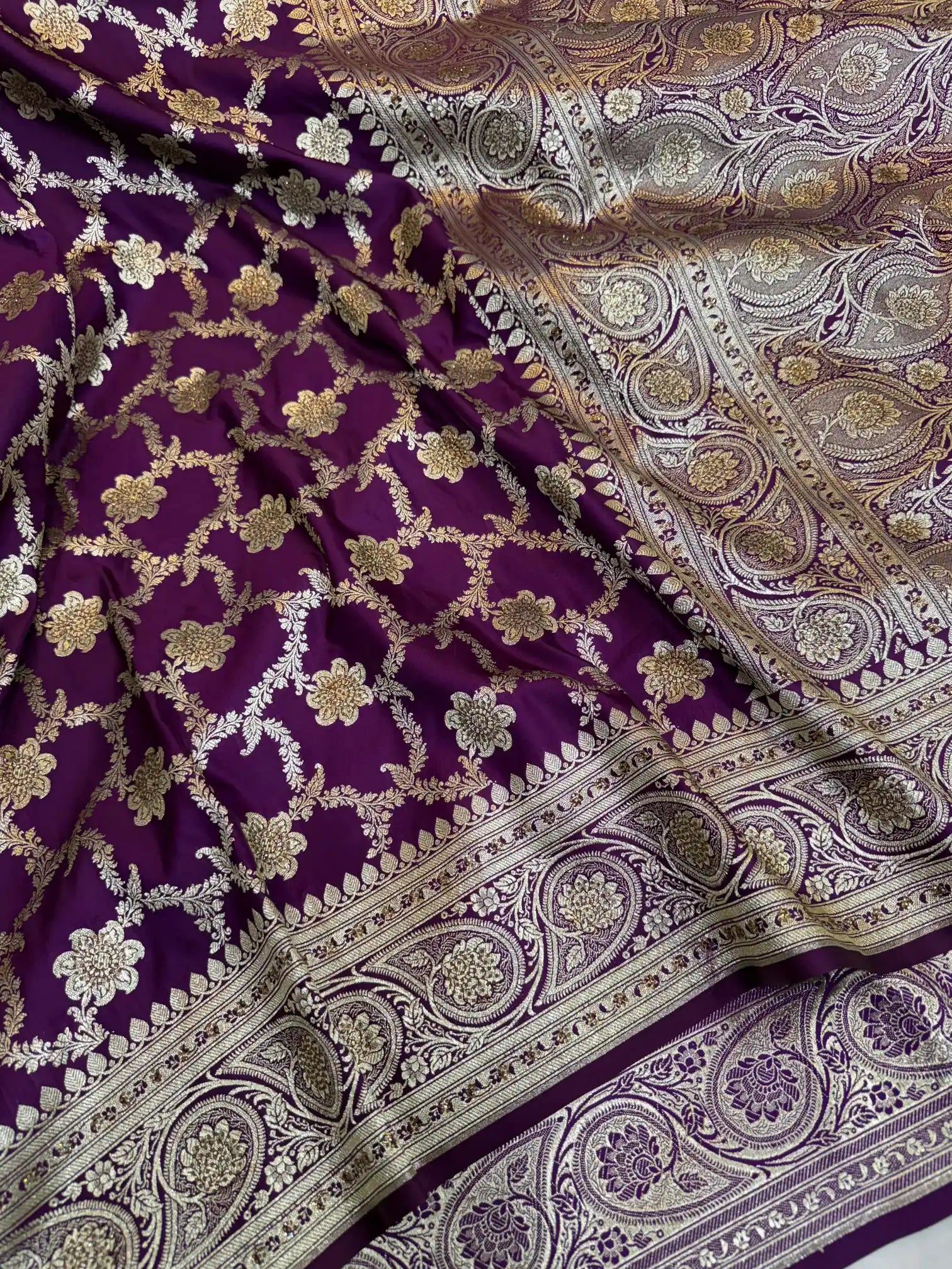 Light Purple Satin Katan Silk Stone Work Banarasi Saree