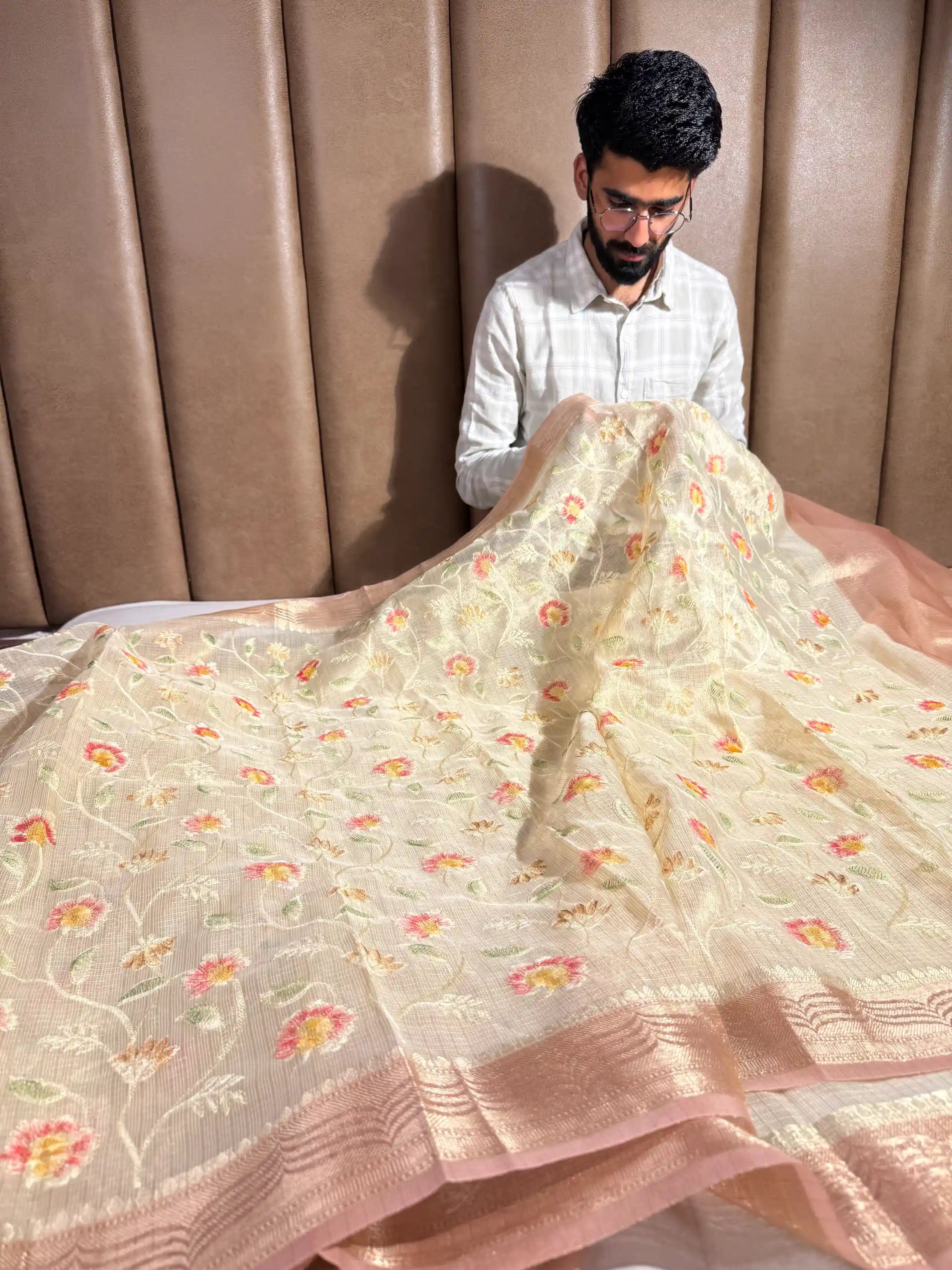 Light Tussar Kota Tissue Silk Embroidery Work Banarasi Saree