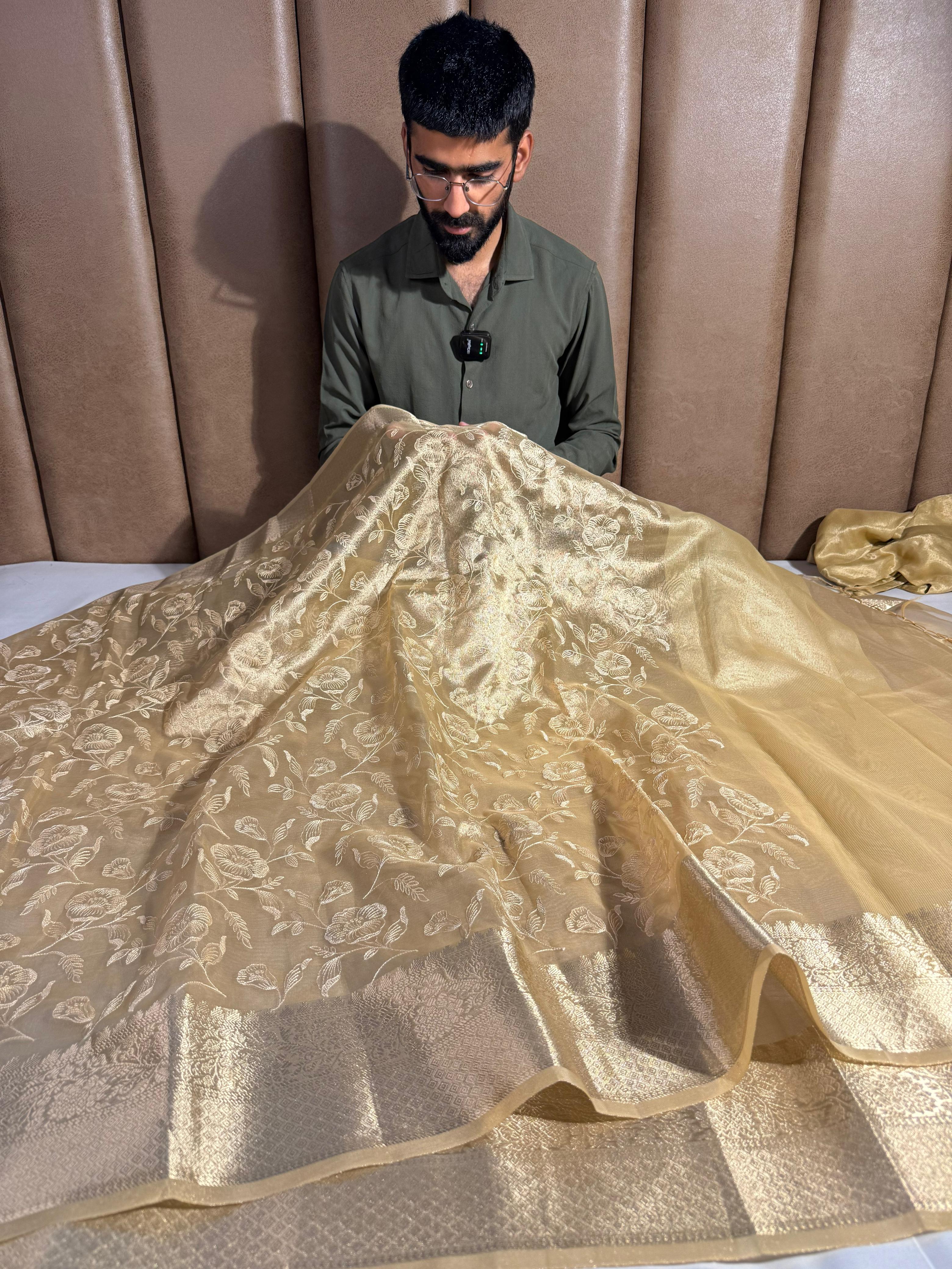 Light Tussar Tissue Silk Chikankari Embroidery Banarasi Saree