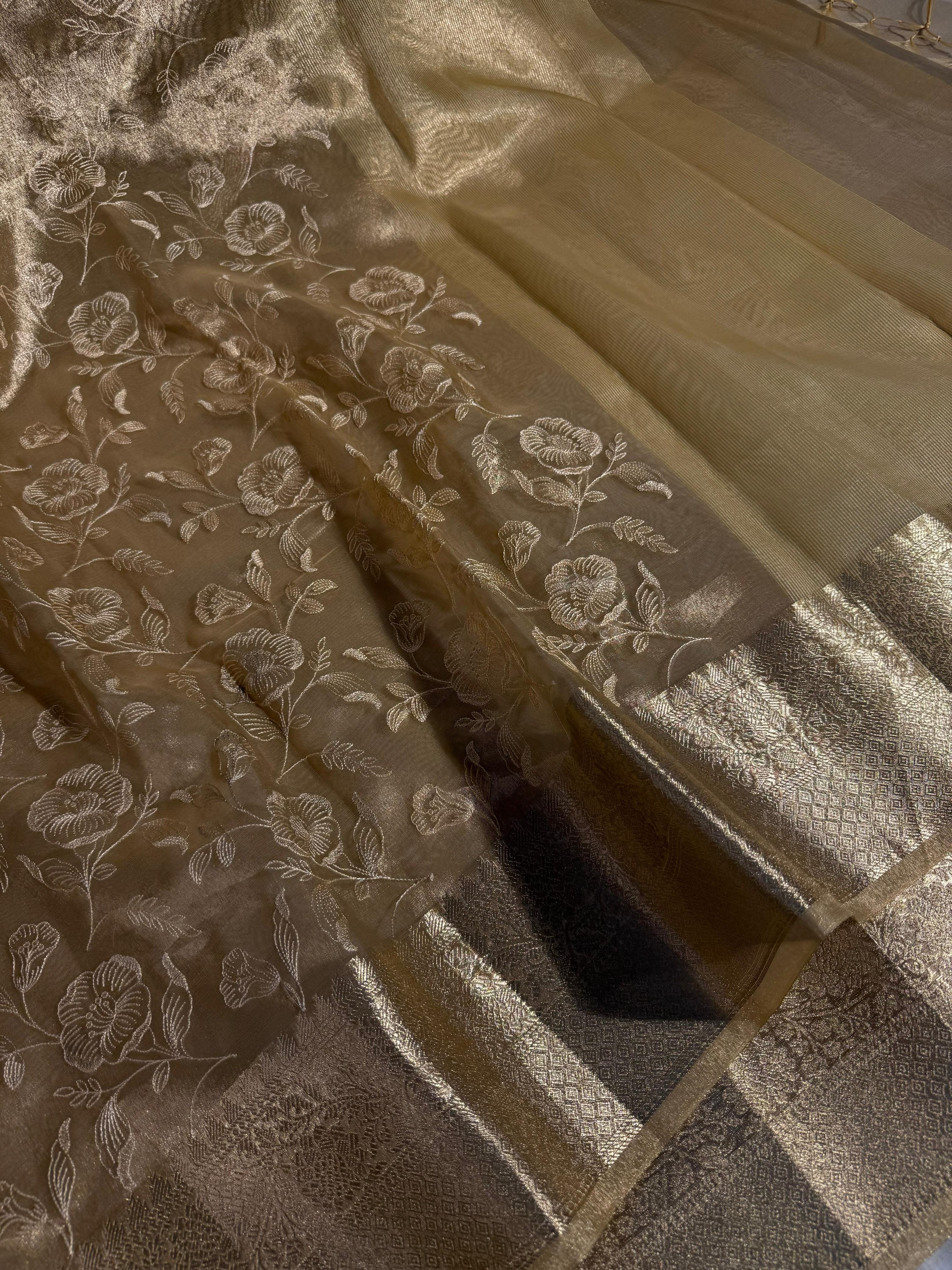 Light Tussar Tissue Silk Chikankari Embroidery Banarasi Saree