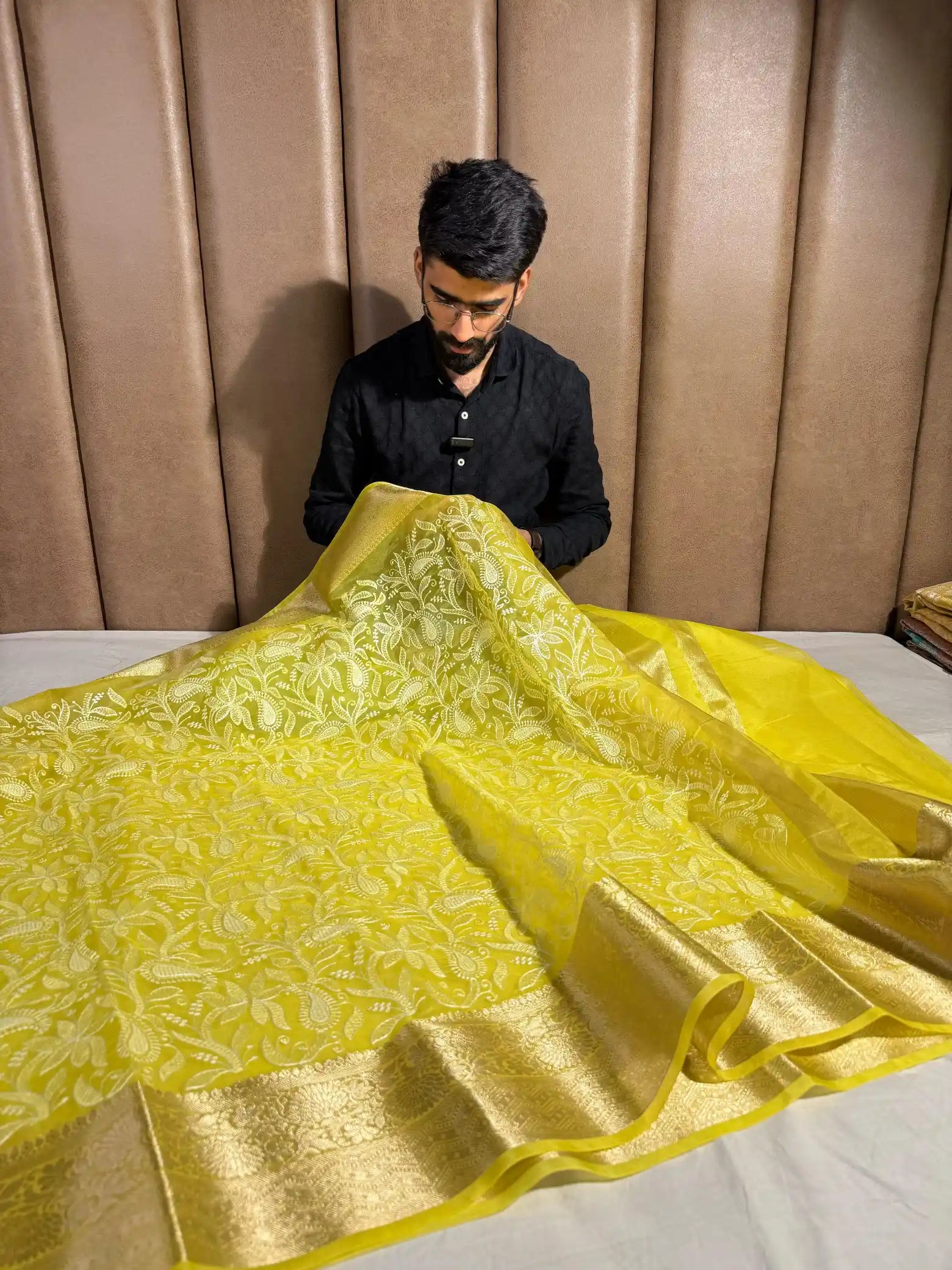 Light Yellow Organza Silk Banarasi Chikankari Saree