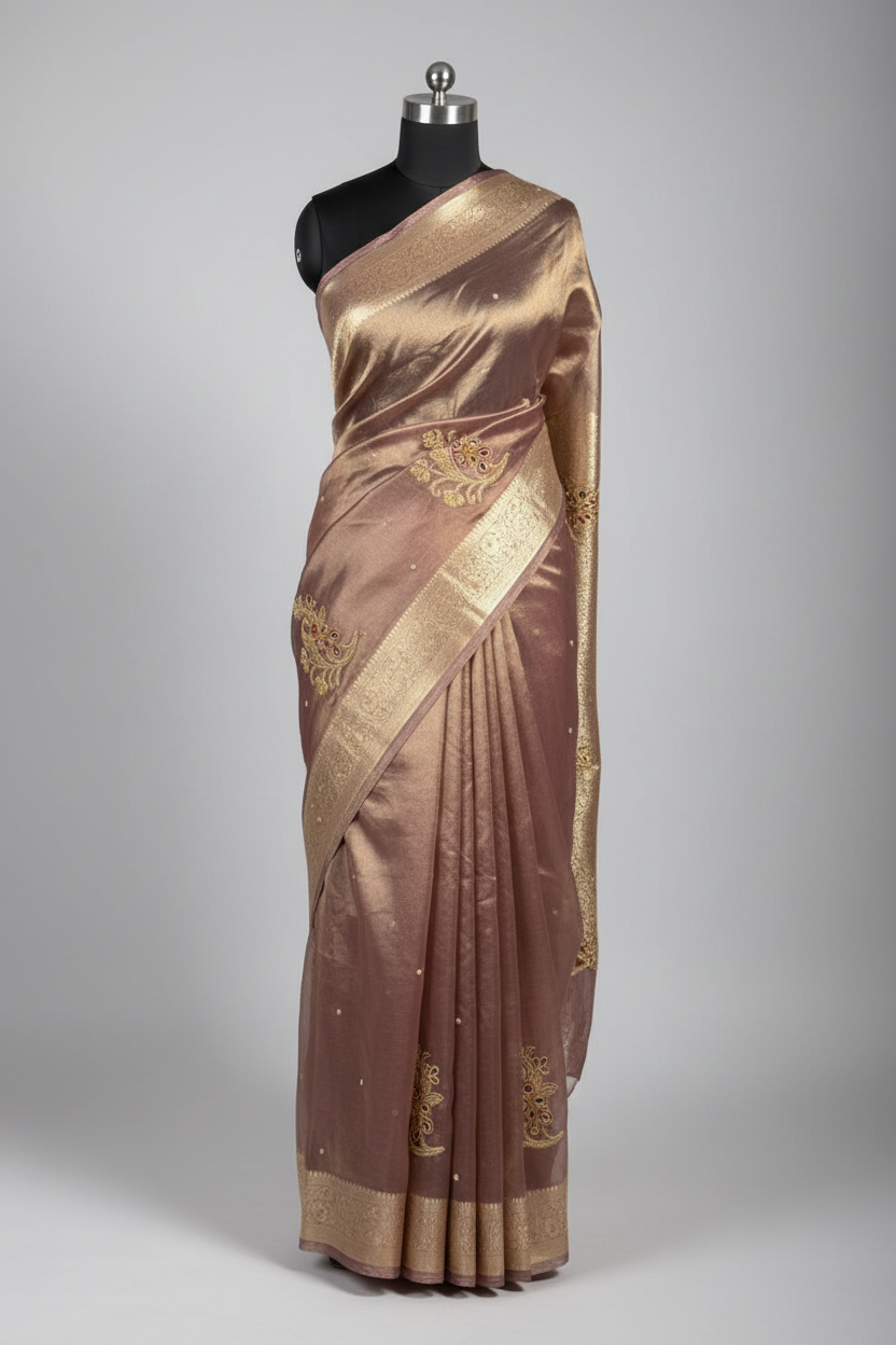 Light Brown Pure Tissue Premium Handwork Saree