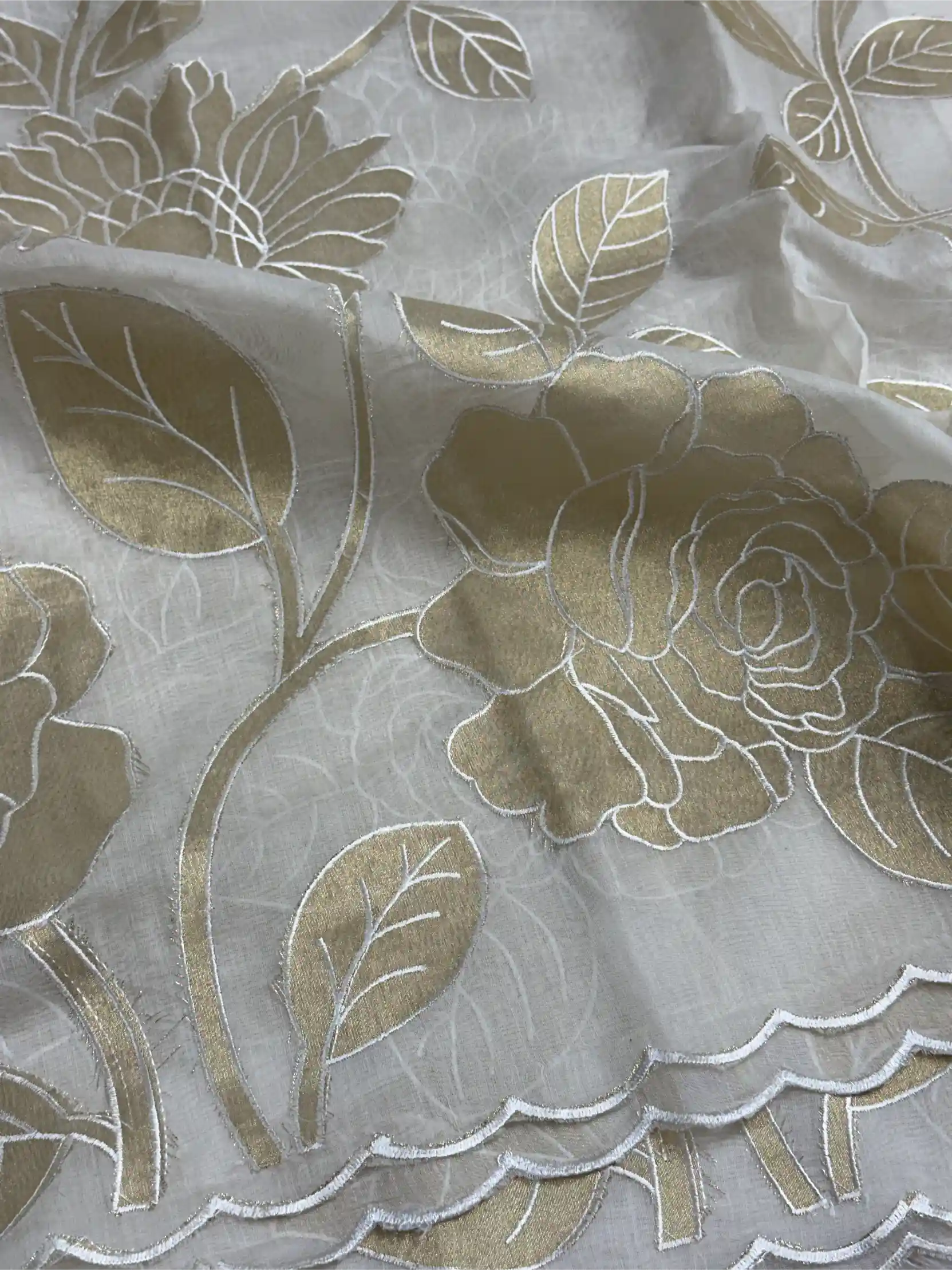 Light Cream Pure Mul Chanderi Appliqué Work Banarasi Saree