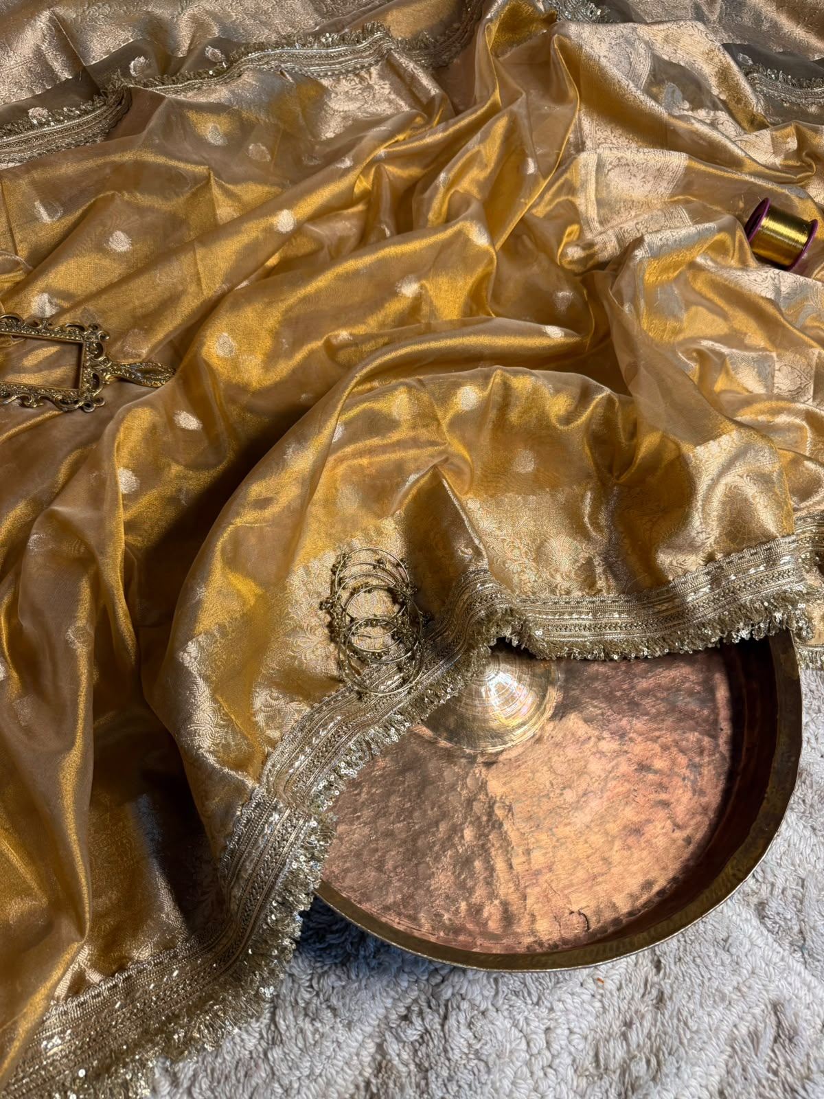 Light Gold Tissue Silk Designer Lace Work Banarasi Saree