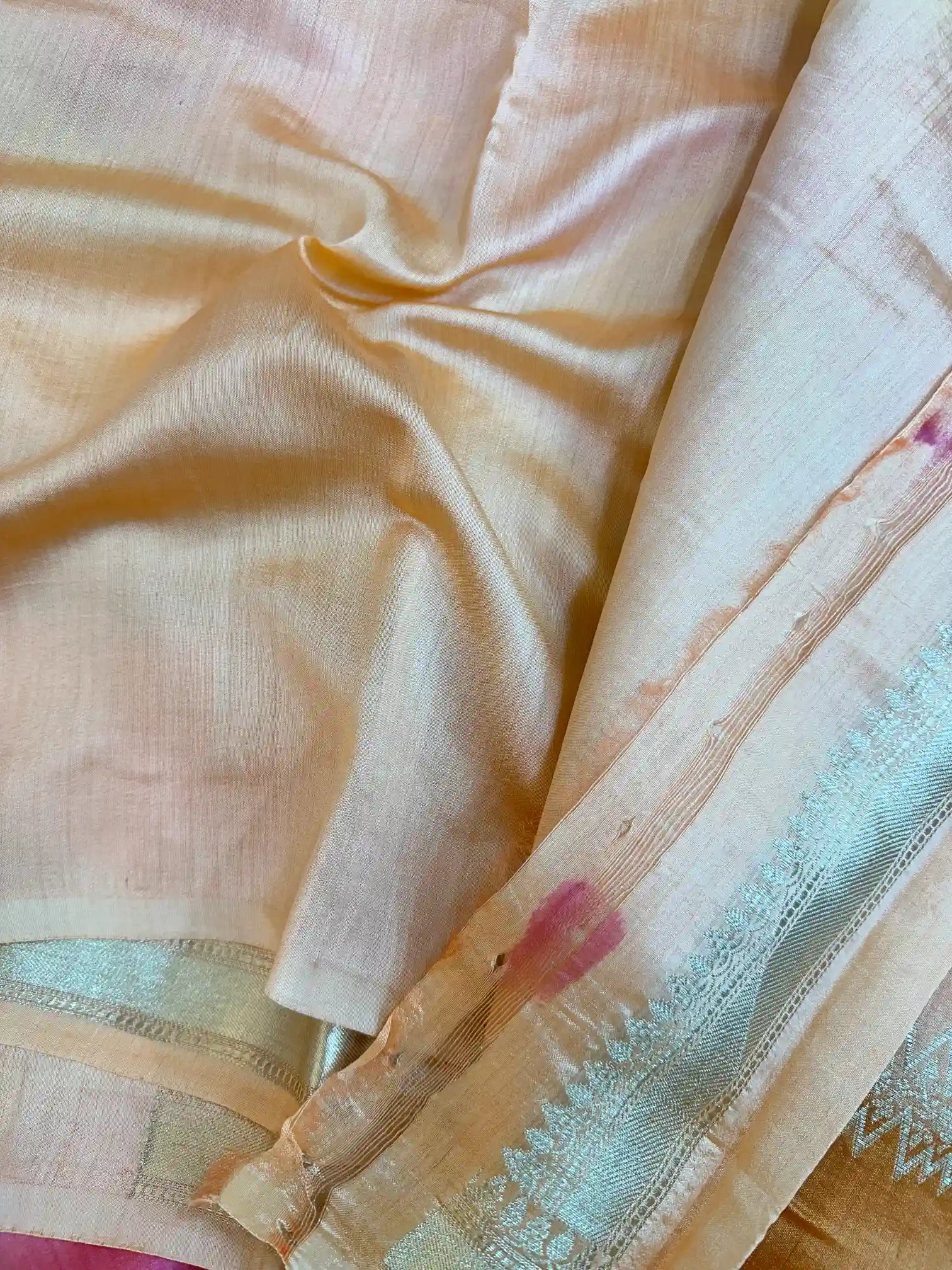 Light Peach Handbrush Dyed Pure Chiniya Silk Banarasi Saree