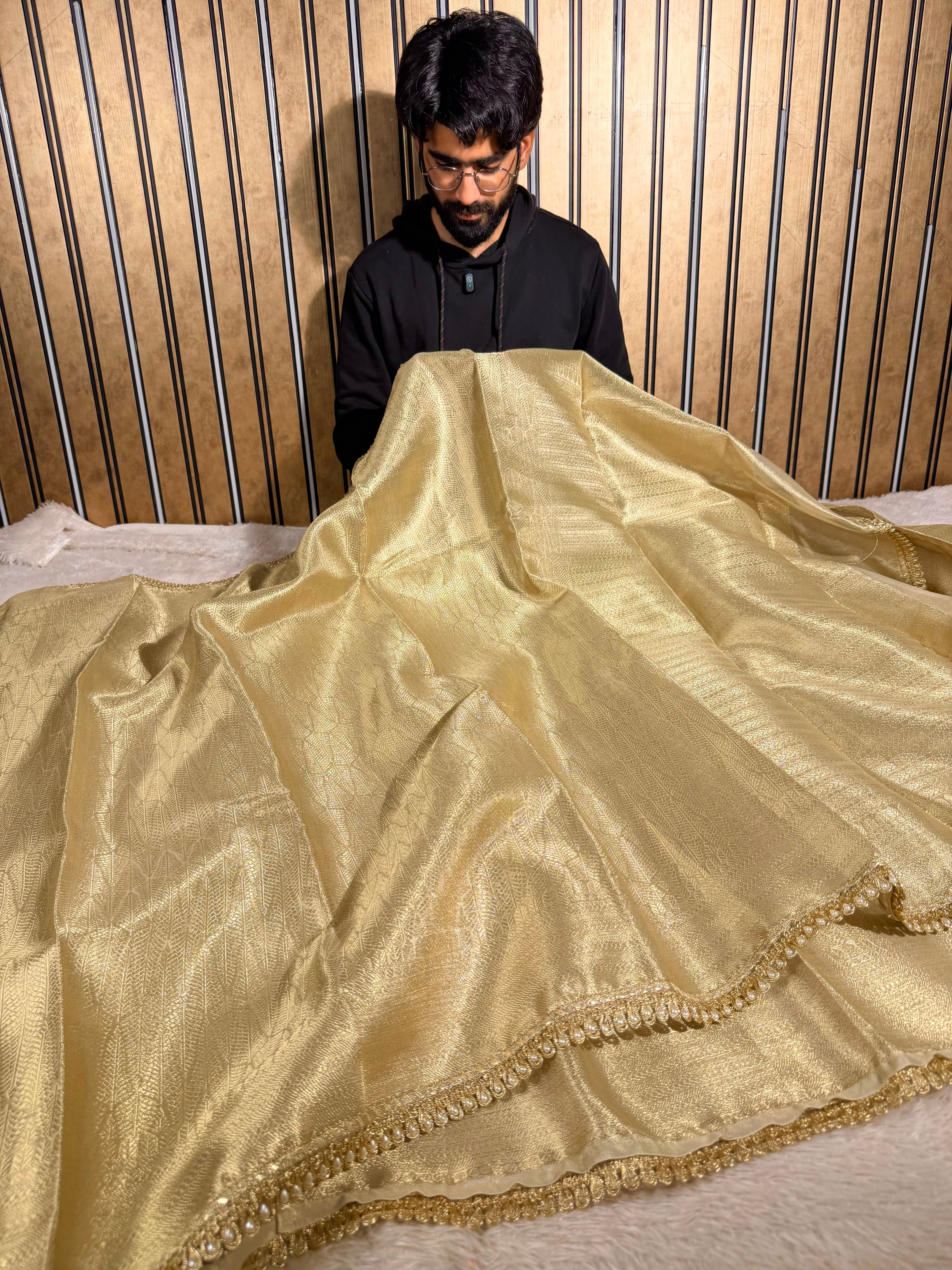 Light gold kanjivaram tissue lace work saree