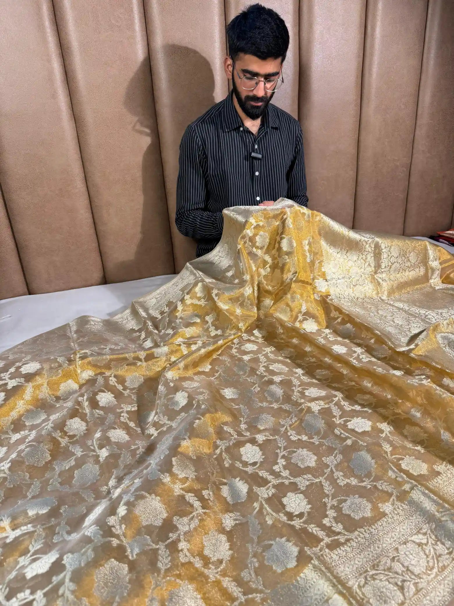 Light gold shade exclusive floral weave Banarasi saree
