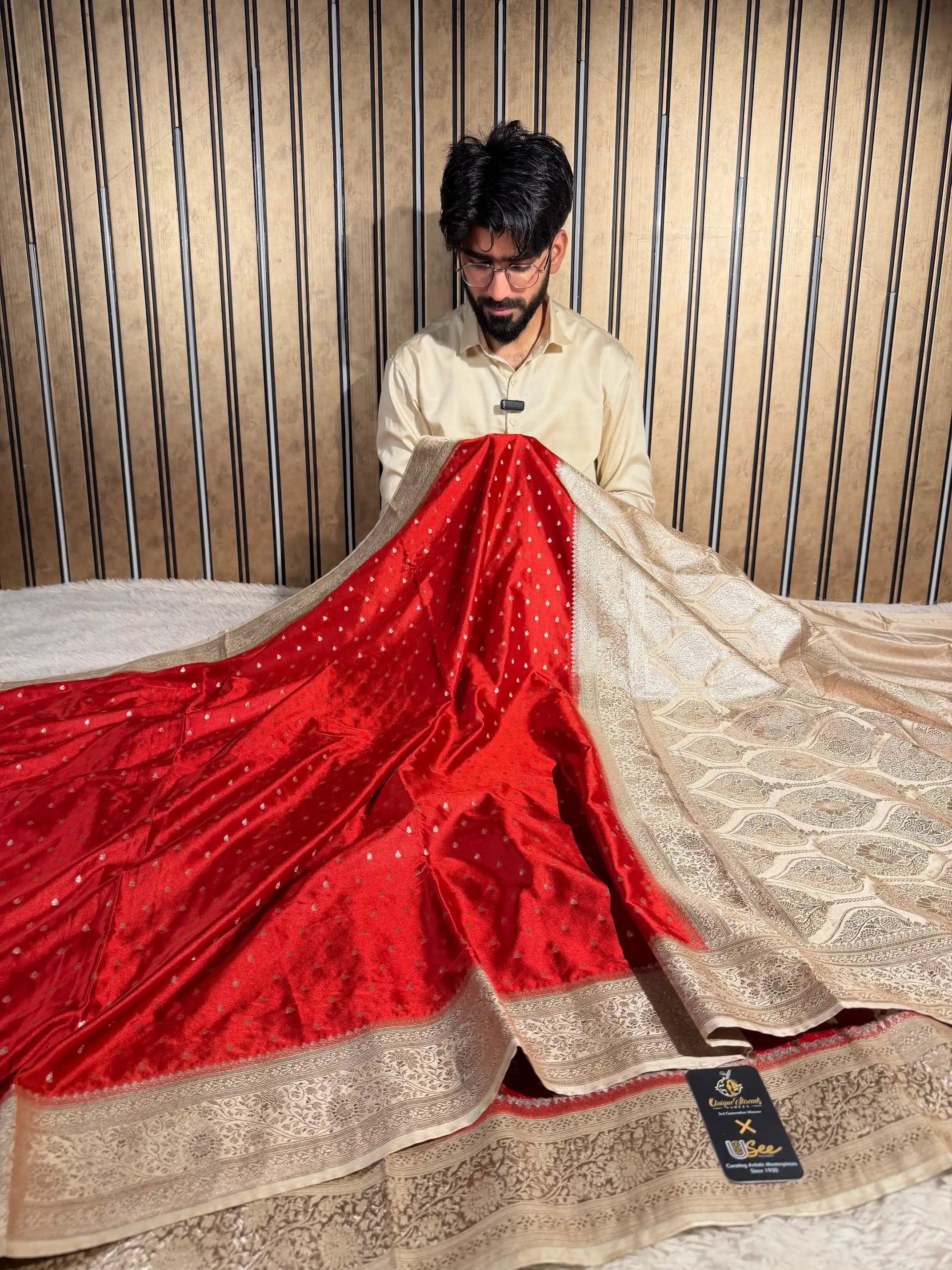 Maroon-Beige Mashru Katan Silk Zari Buti Weave Banarasi Saree