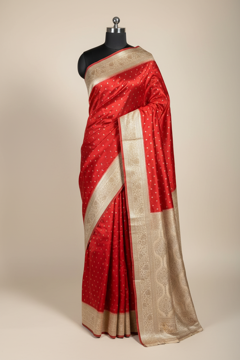 Maroon-Beige Mashru Katan Silk Zari Buti Weave Banarasi Saree