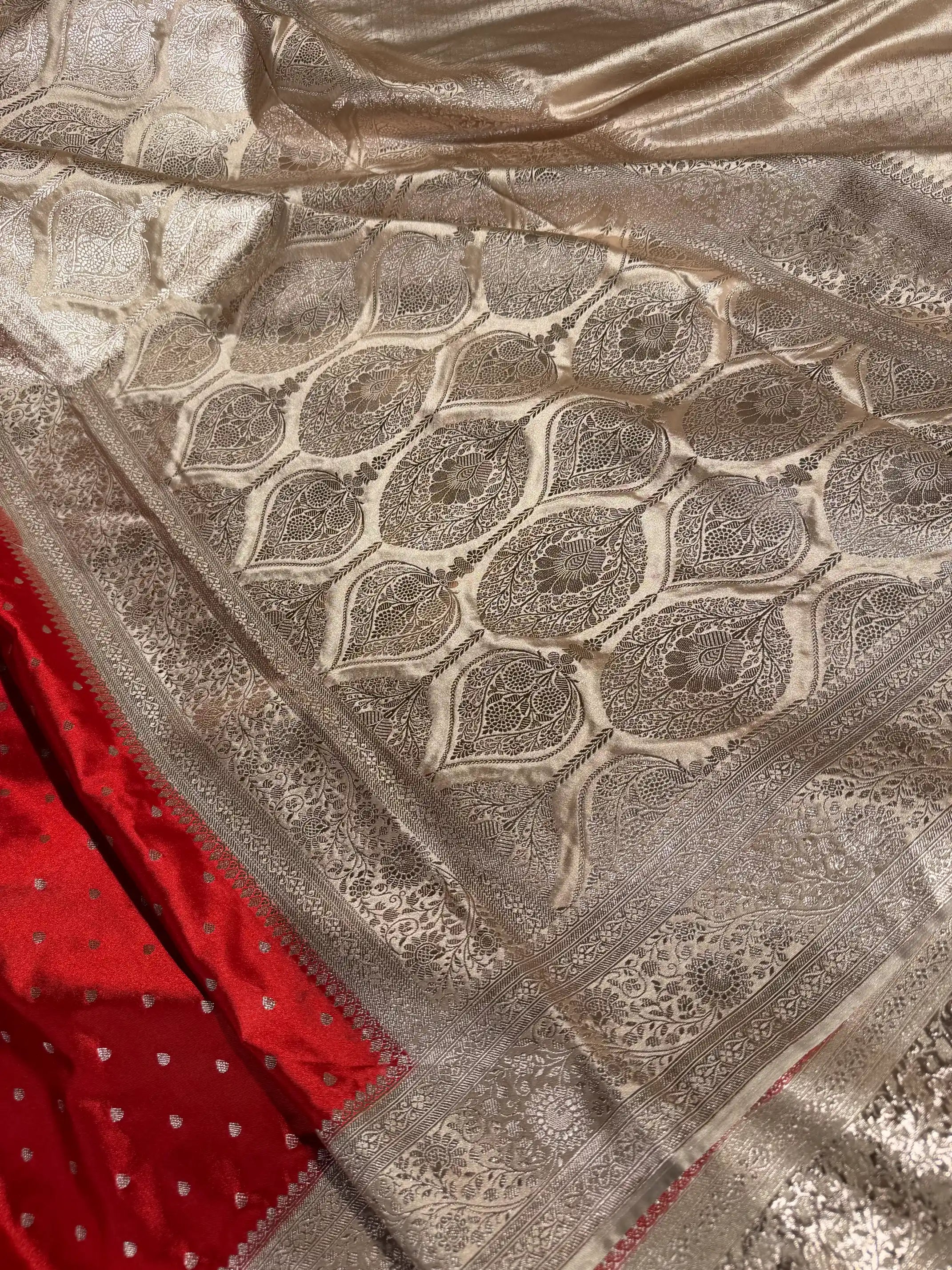 Maroon-Beige Mashru Katan Silk Zari Buti Weave Banarasi Saree