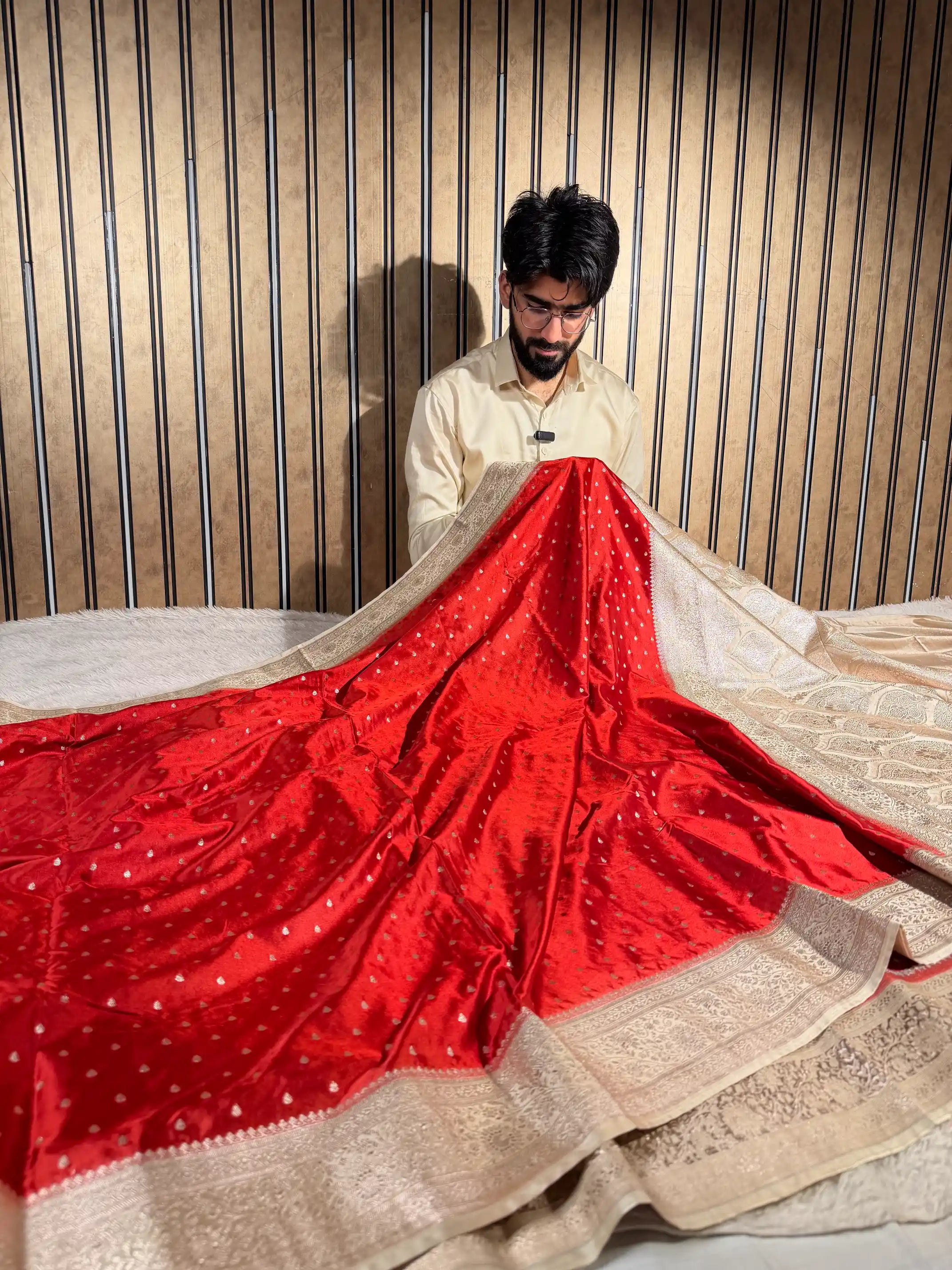 Maroon-Beige Mashru Katan Silk Zari Buti Weave Banarasi Saree