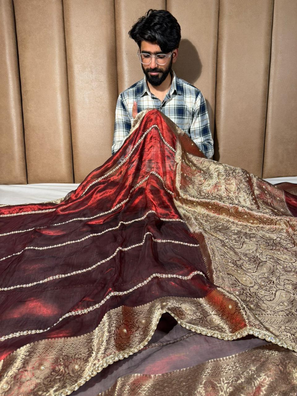 Maroon Pure Tissue Silk Pearl Handwork Saree